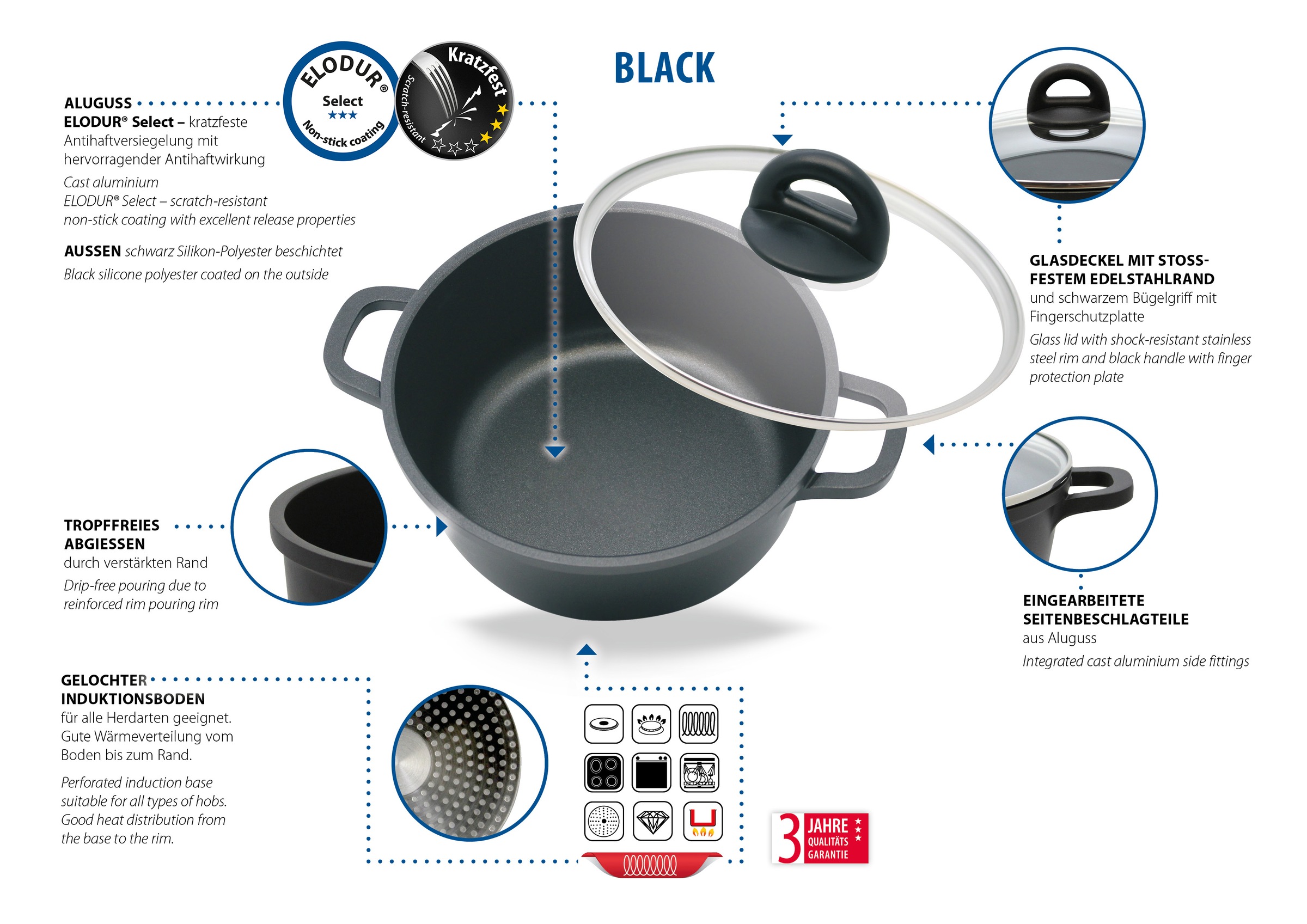Elo Basic Set de casseroles »Black« Ensemble, 3 casseroles avec couvercle, 6 cuis tlg. Aluminium moulé