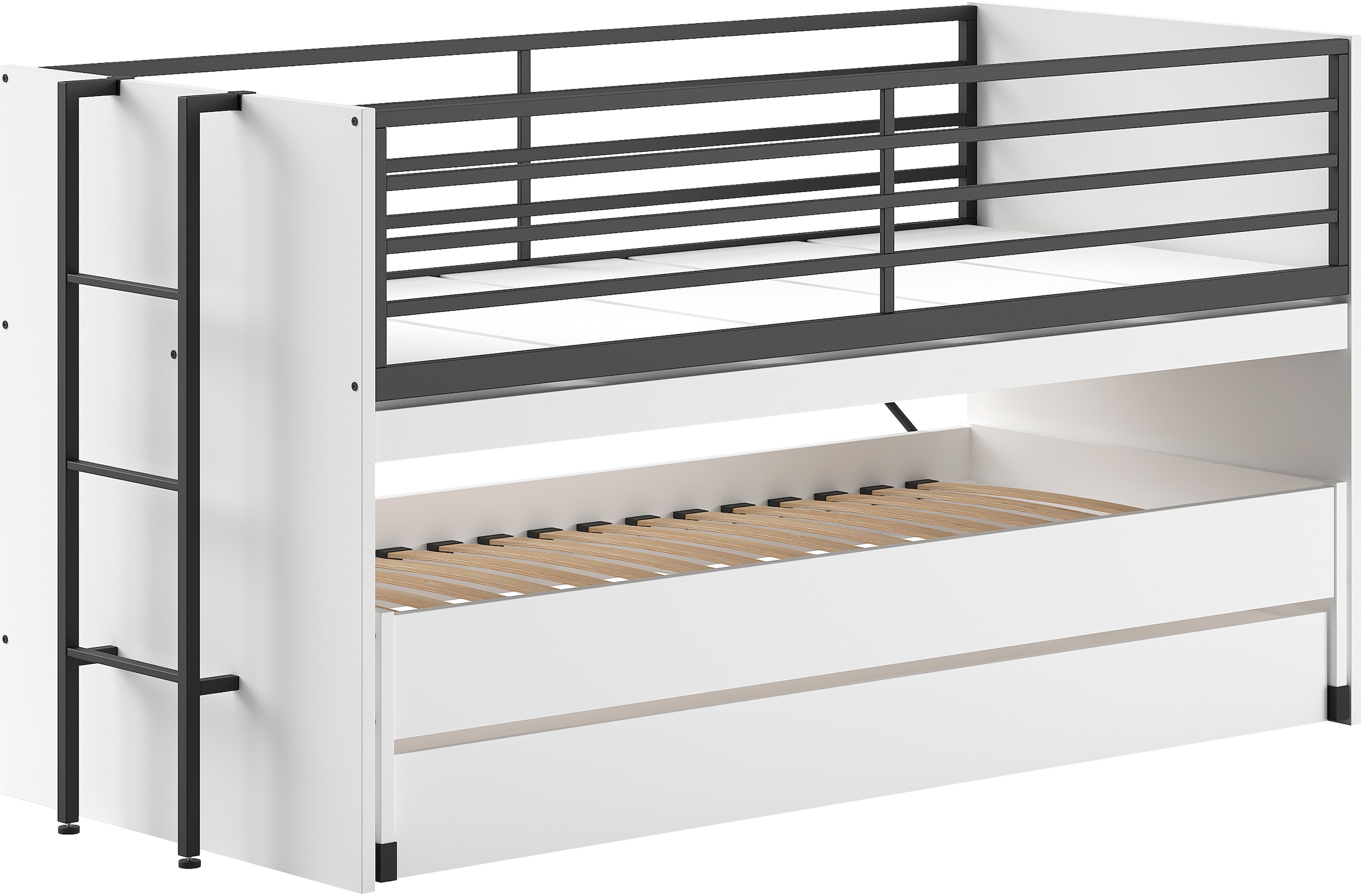 Vipack Etagenbett »praktisches Etagenbett mit viel Funktion, 2 Dekore zur Wahl« B/H/T ca. 219x114x98cm, Metall Leiter und Absturzschutz in schwarz,  für kleine Räume, 2 Liegefl., Bettschublade, inkl. Schreibtisch