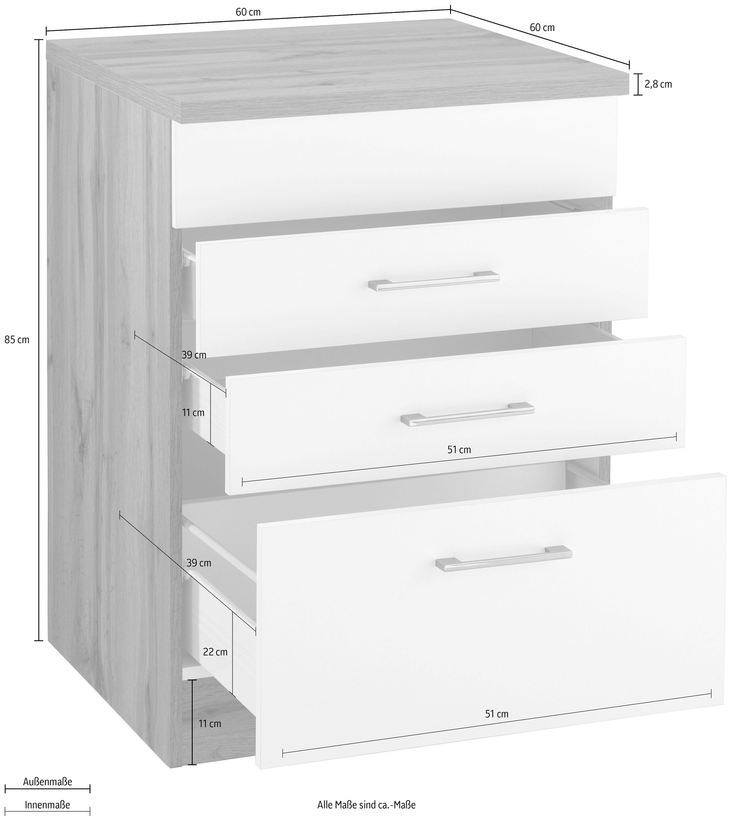 KOCHSTATION Armoire d'encastrement pour table de cuisson »KS-Colmar« 60 cm, avec poignée en métal, 2 tiroirs et 1 extension