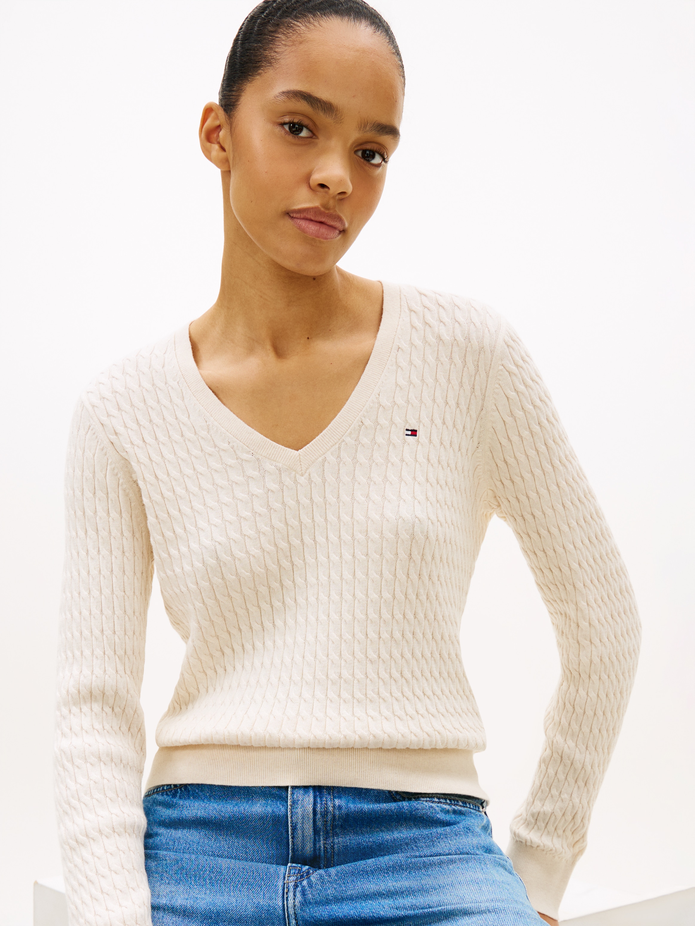 Tommy Hilfiger Pull col V »CO CABLE V-NK LS SWT« mit Zopfmuster, Logostickerei