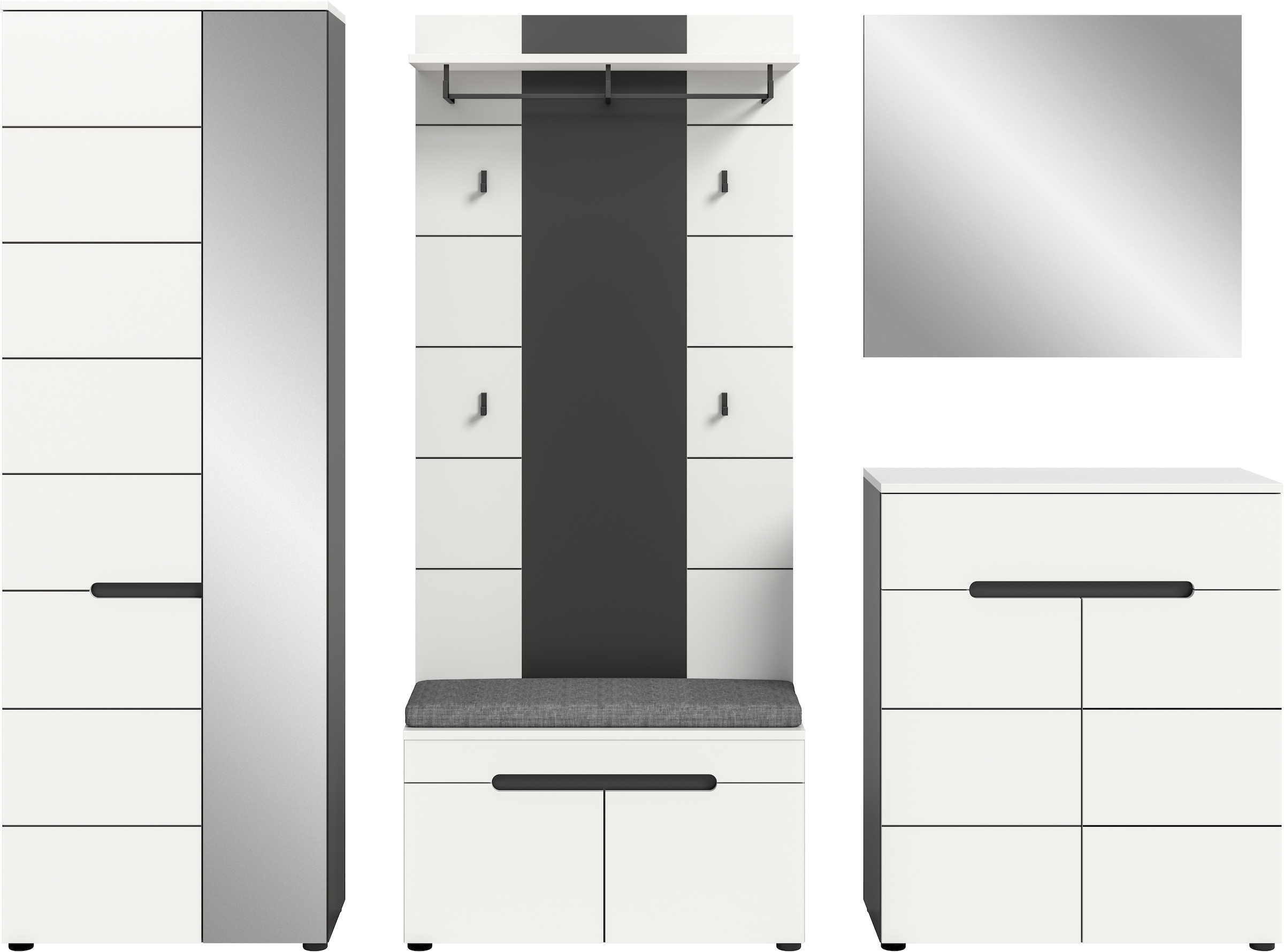 Home affaire Ensemble de vestiaires »REHAT, TOPSELLER!, 5-teilig, Breite 255 cm, individuell erweiterbar« Set, bestehend aus: Schrank, Sitzbank, Sitzkissen, Paneel, Spiegel, Kommode, 6 cuis tlg.