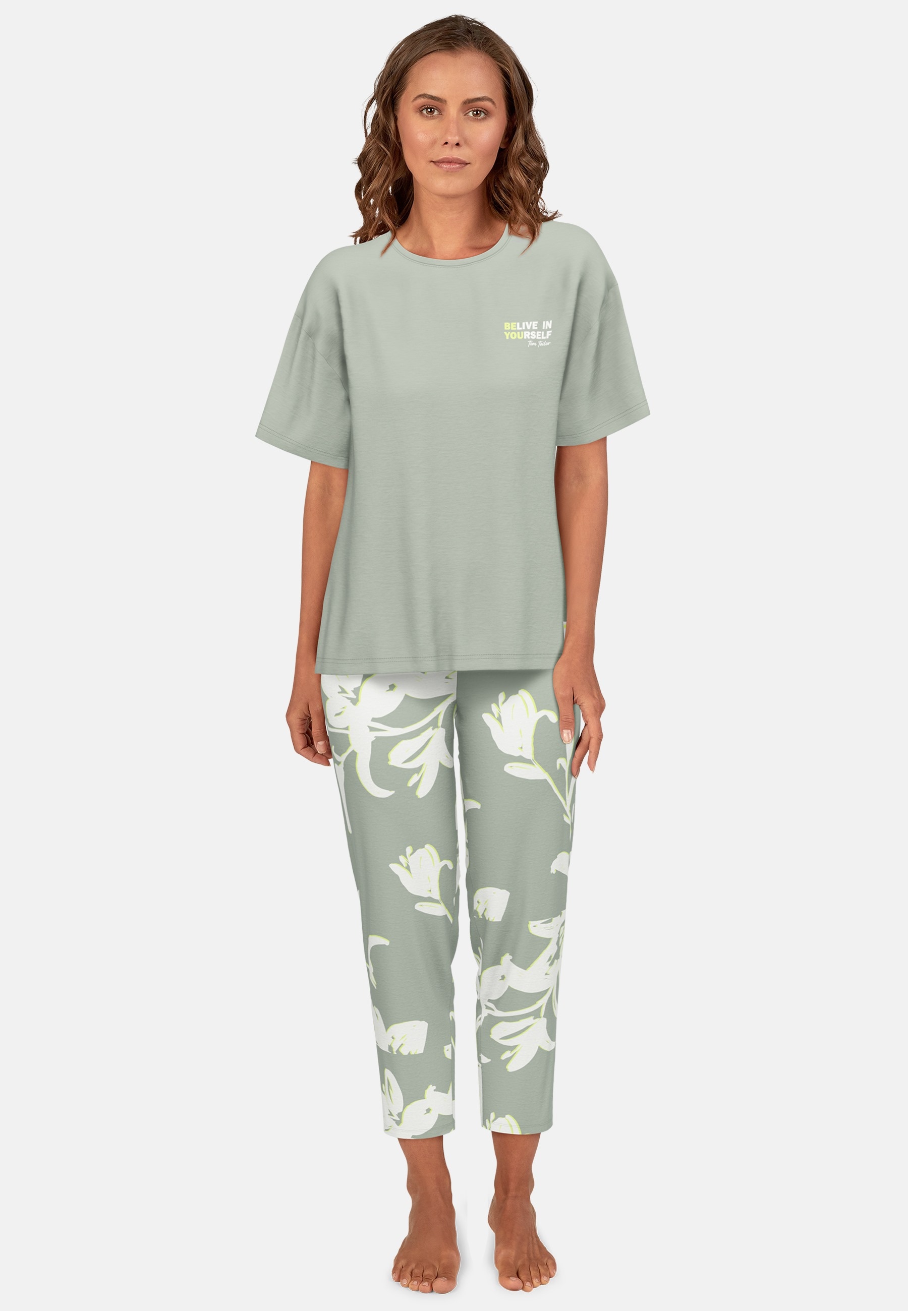 Image of TOM TAILOR Capri-Pyjama "Kenmare" 2 tlg. mit Muster, Kurzarm, Rundhalsausschnitt, lange Hose, Viskosemix