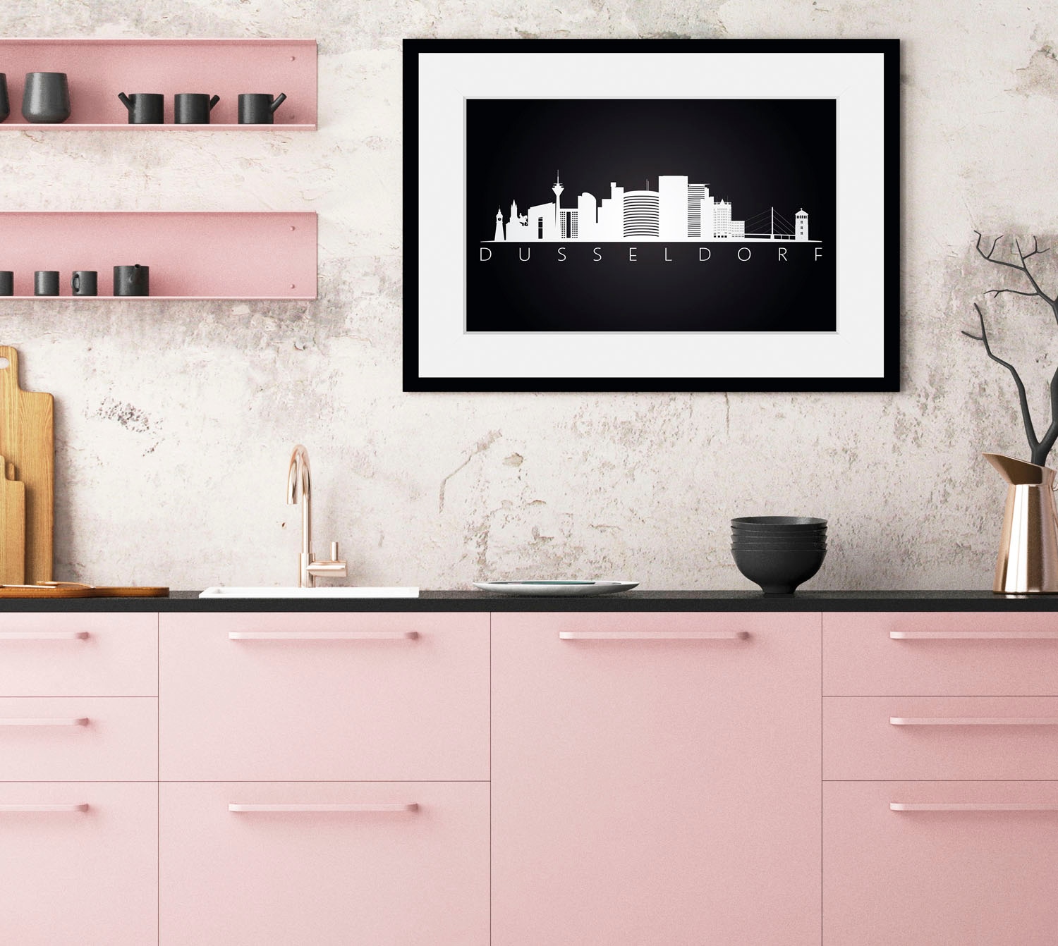 Image of queence Bild "Düsseldorf Sehenswürdigkeiten" Deutschland Düsseldorf Gebäude Schriftzug Schwarz-Weiss Stadt Städte 1 Stk. tlg. HD Premium Poster-Druck inkl. Holzrahmen