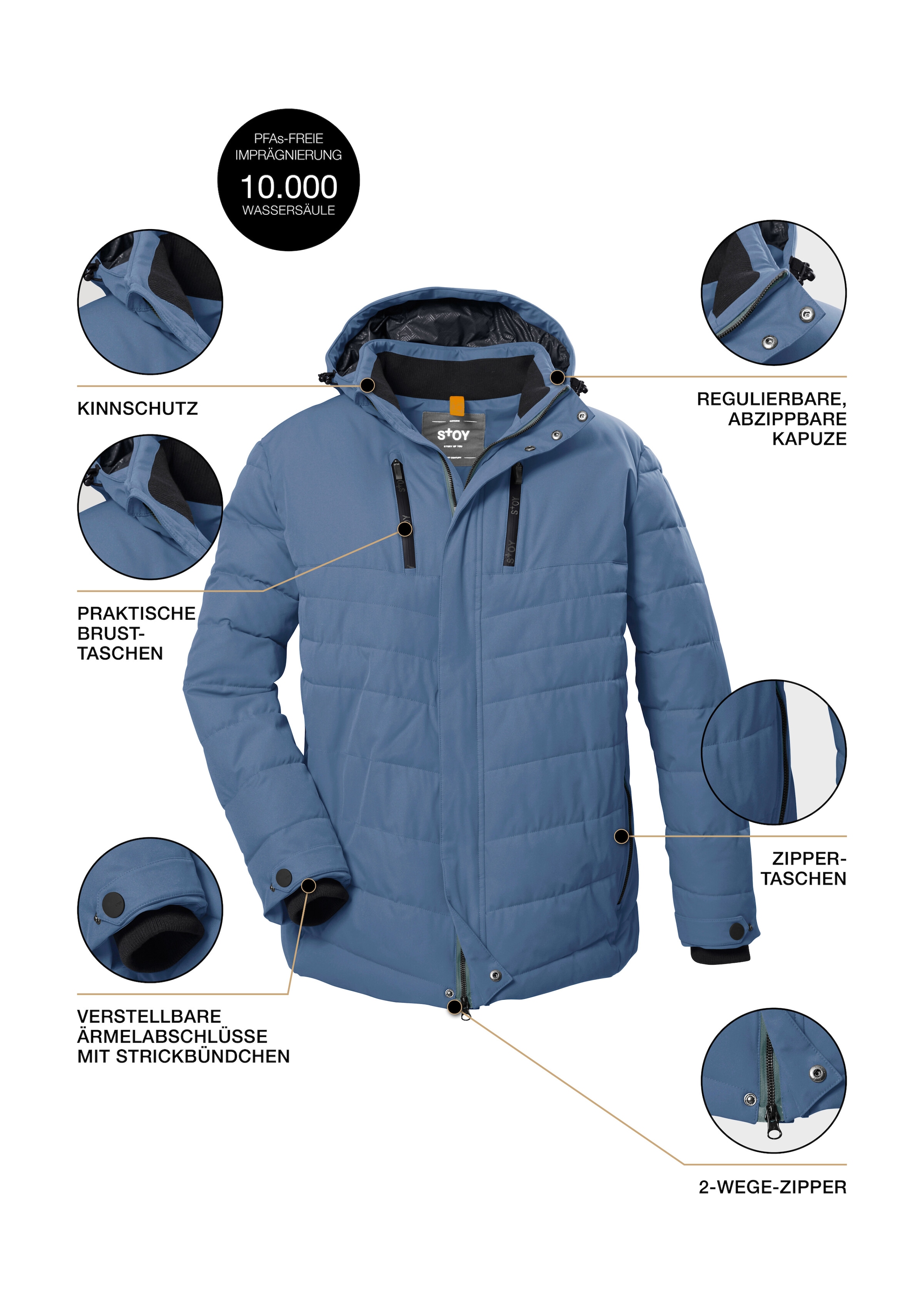 STOY Steppjacke »STW 6 MN QLTD JCKT« Atmungsaktive, wasserabweisende Steppjacke mit abnehmbarer Kapuze