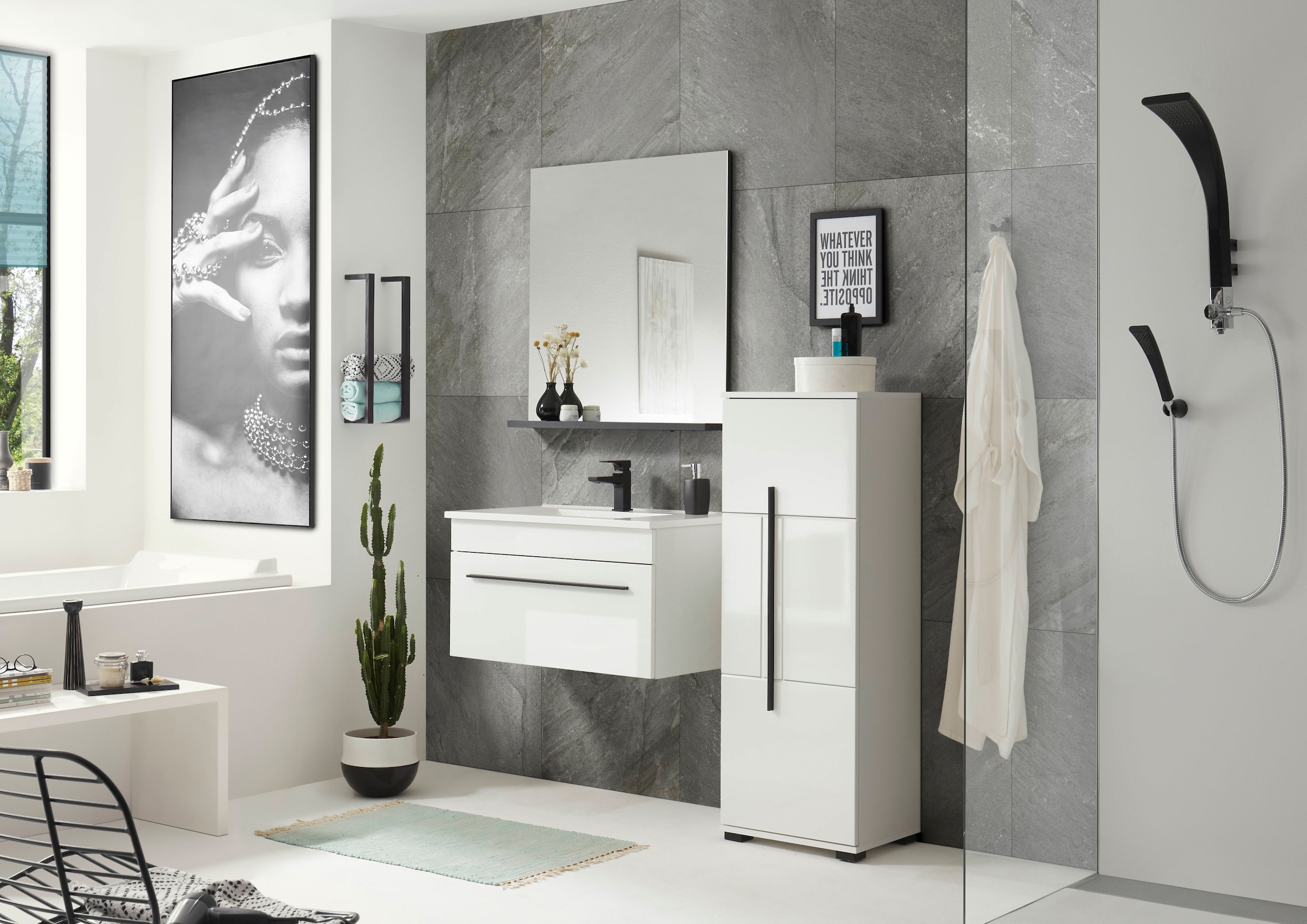 INOSIGN Badmöbel-Set »Cantara, Bad im modernen Design, 3-teiliges Badezimmer«, (Set, 3 St.), Waschtisch, Schrank und Spiegel, in Weiss Hochglanz, viel Stauraum