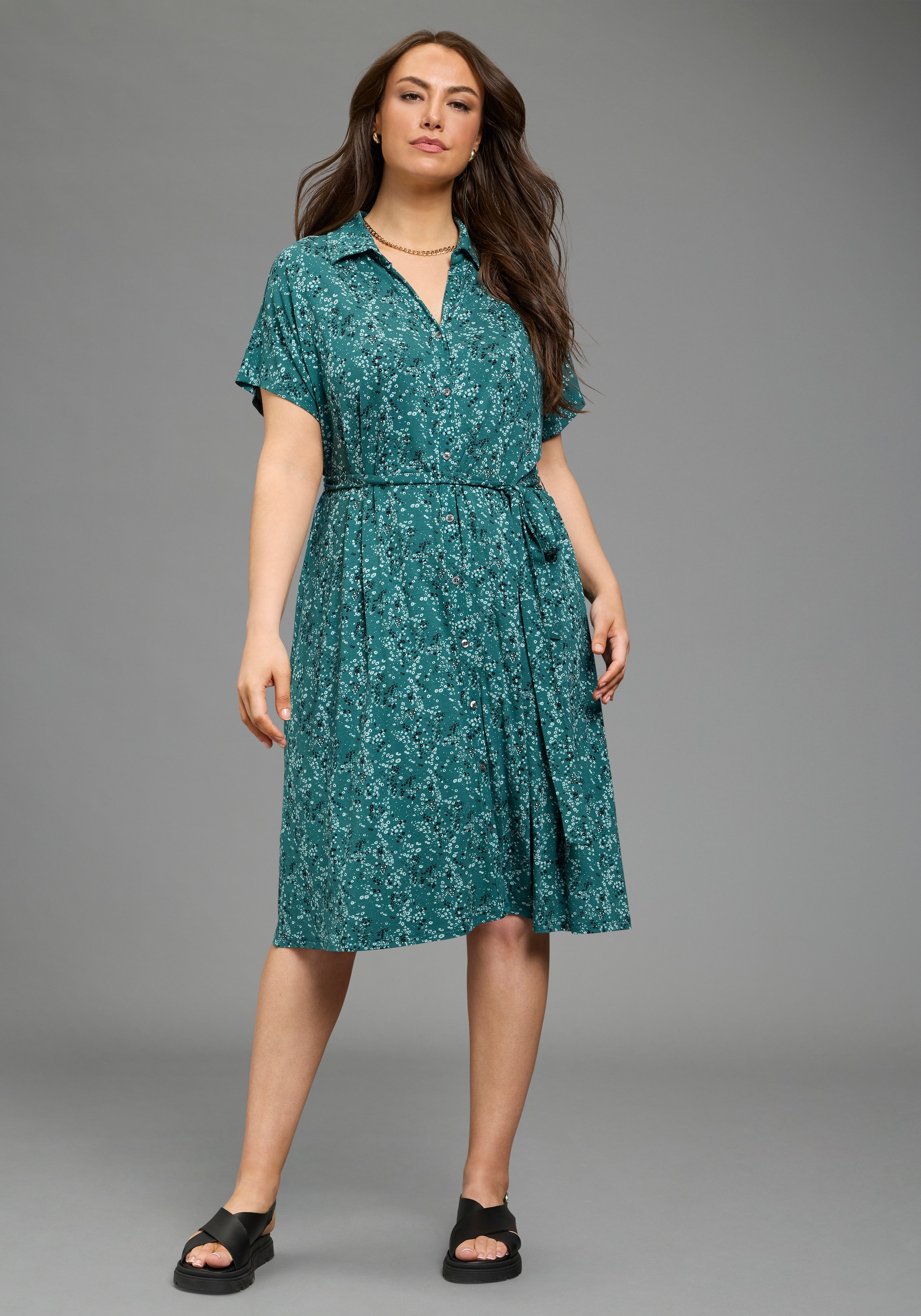 Laura Scott CURVE Robe en jersey in A-Linie mit Hemdkragen, geblümt