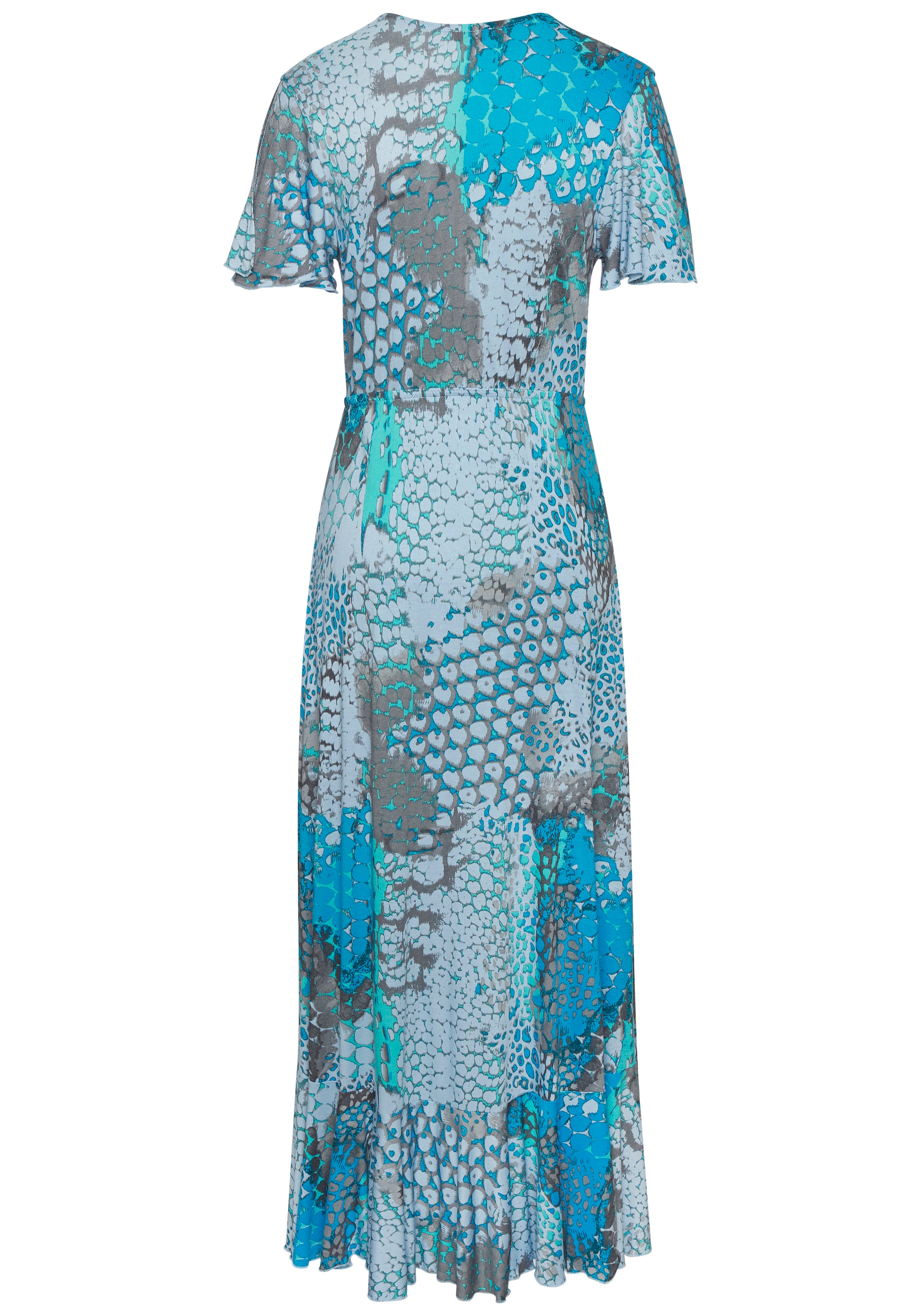 Buffalo Maxikleid, im Vokuhila-Schnitt, Schlitz und Volant, Flügelärmel, Druckkleid