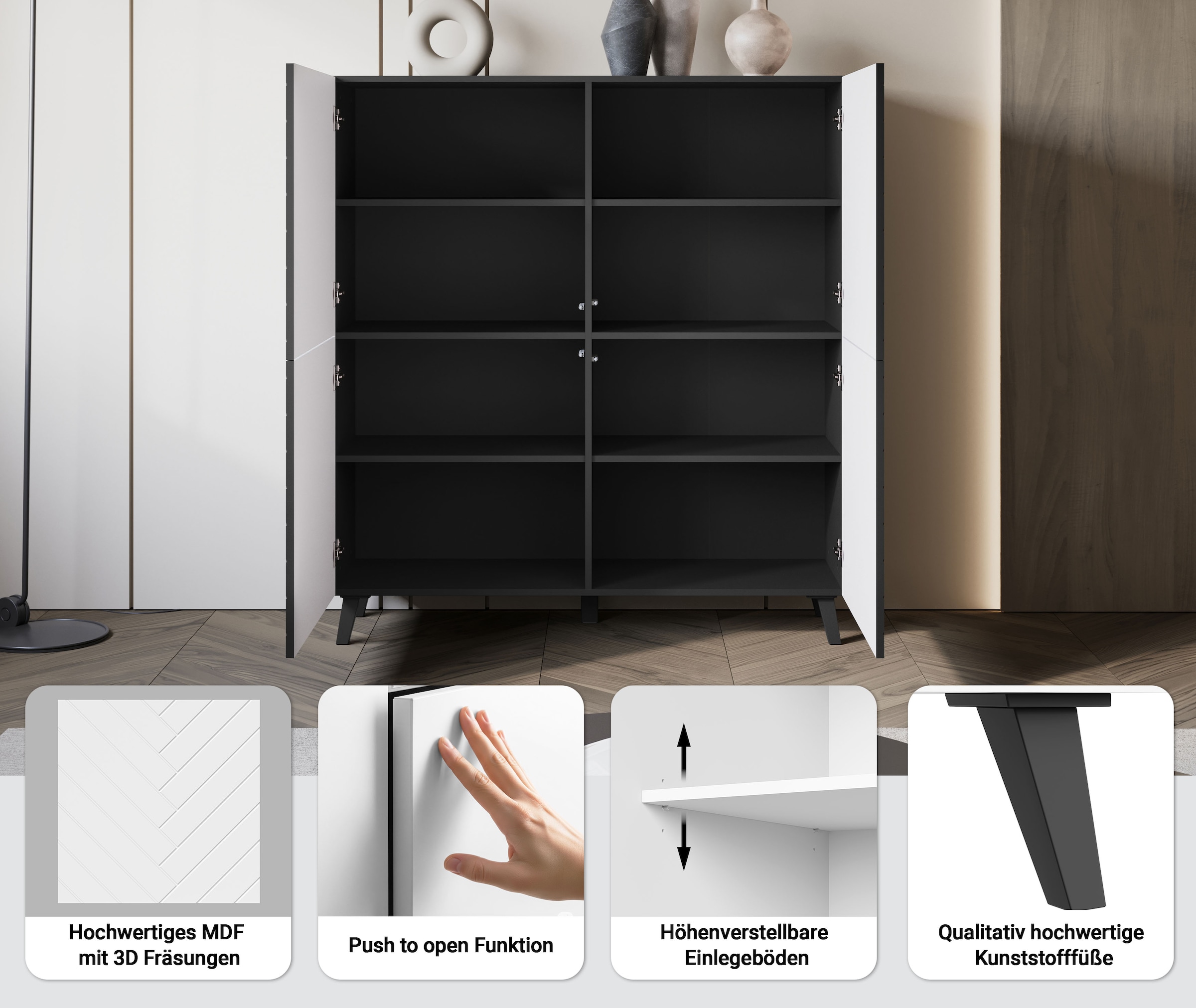 Home affaire Buffet haut »Phuket, Front MDF« commode moderne avec 4 portes et 8 compartiments, largeur 120 cm