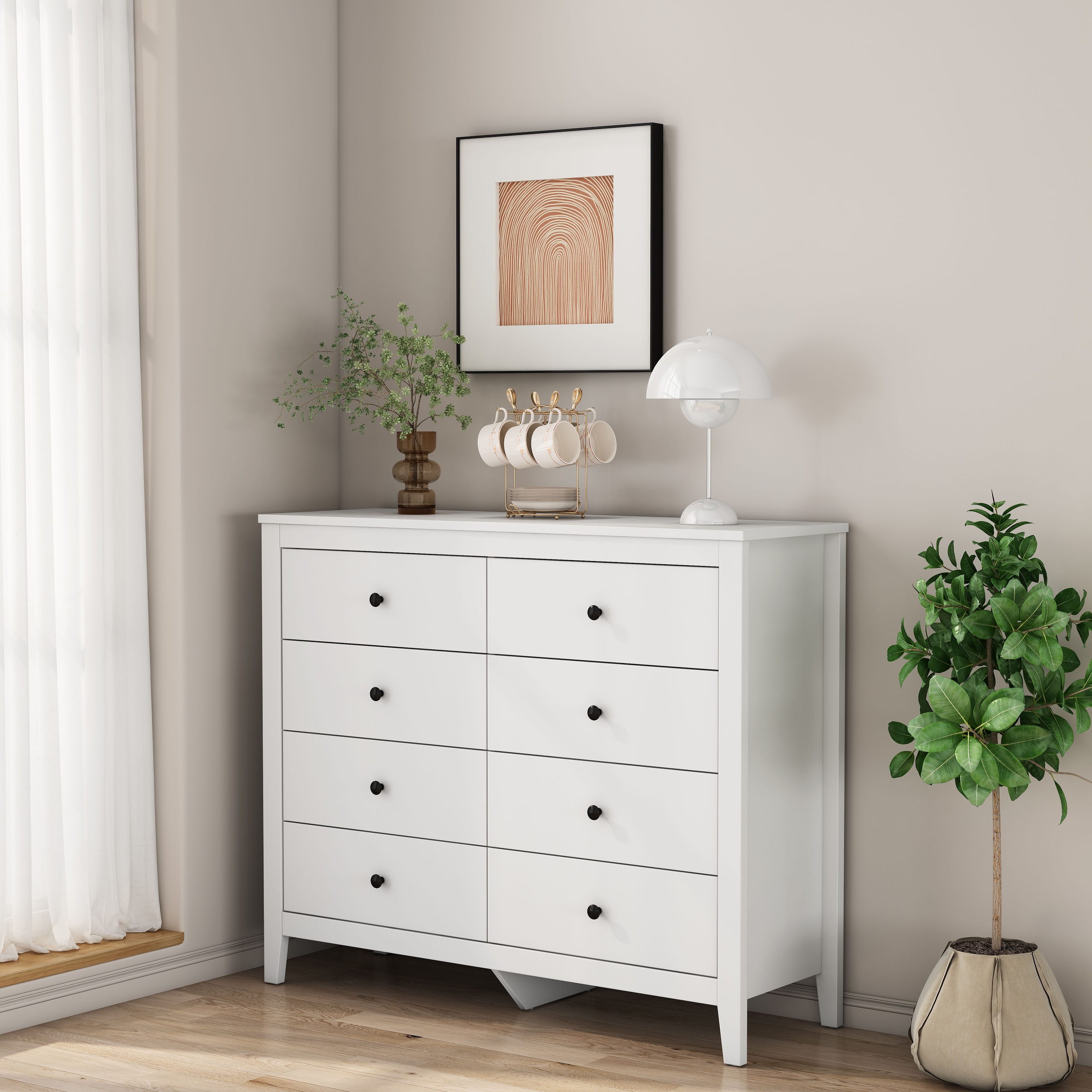 Image of GOODproduct Schubkastenkommode "Borkum Sideboard Anrichte mit 6 Schubladen Landhaus weiss" schwarze Griffe aus Metall, Kommode Schrank Wäscheschrank mit 8 Schubladen