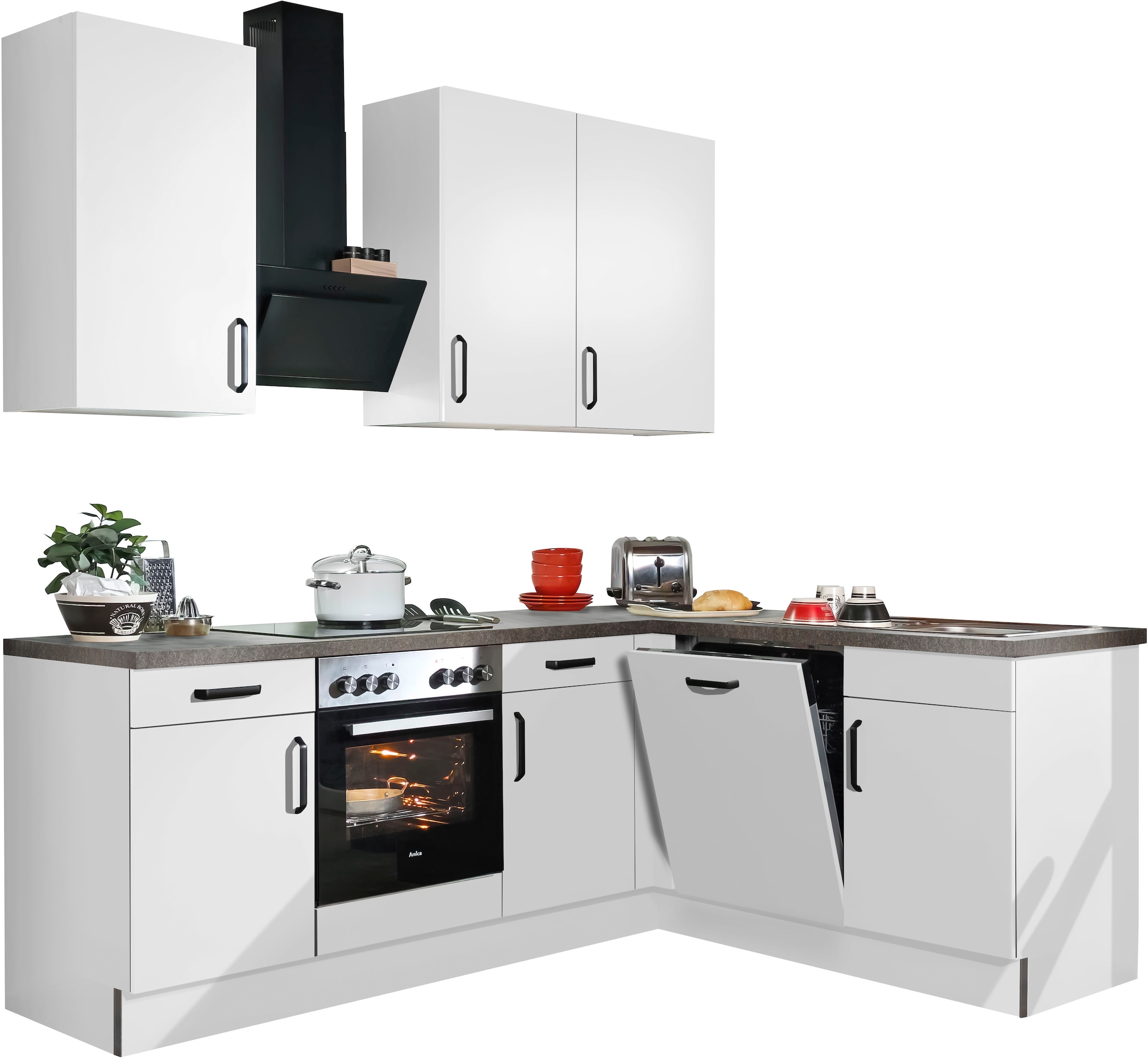 wiho Küchen Winkelküche »"Simi", mit verstellbaren Füssen, wahlweise mit E-Geräten,« Soft-Close-Funktion in Schubkästen & Auszügen,  Stellbreite 225/175 cm