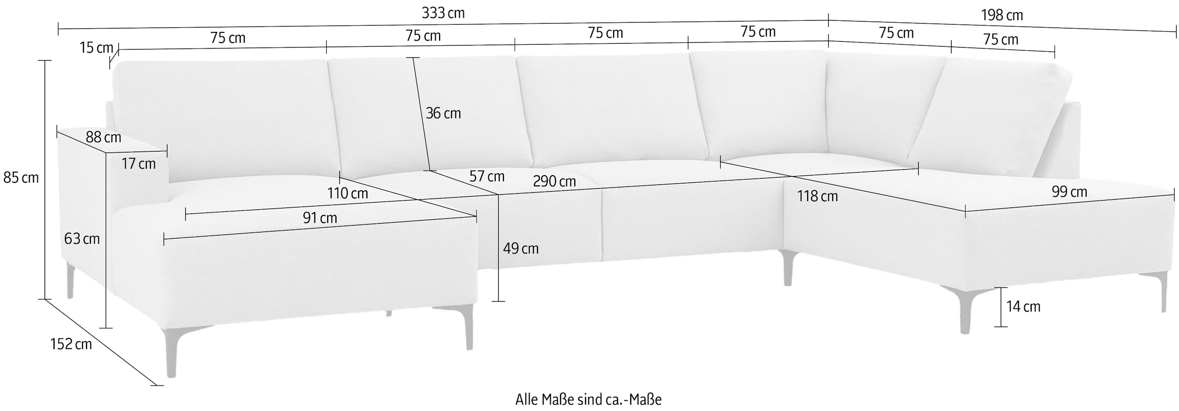 Home affaire Wohnlandschaft »Tournon U-Form, XXL Sofa, Breite 333 cm, Webstoff, Chenille«, Designsofa im nordischen Stil, Wellenunterfederung, Metallfüsse