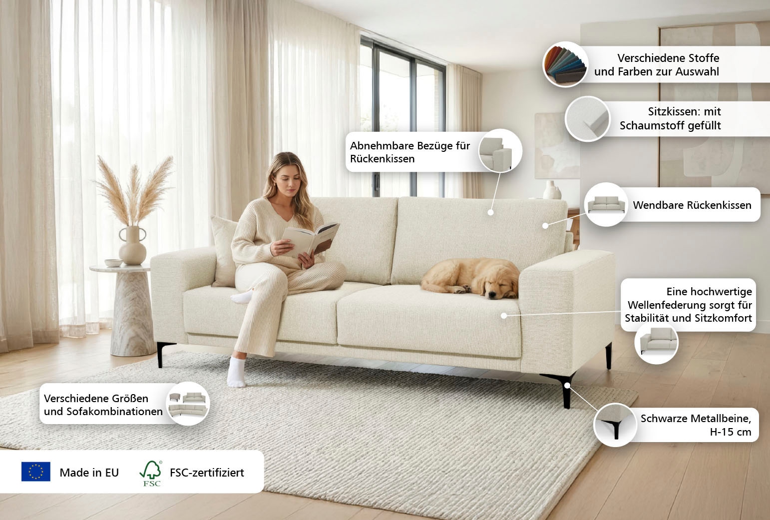 GOODproduct 3-Sitzer »Xander« Breite 224 cm, Soft-Touch Chenille, schwarze Metallfüsse