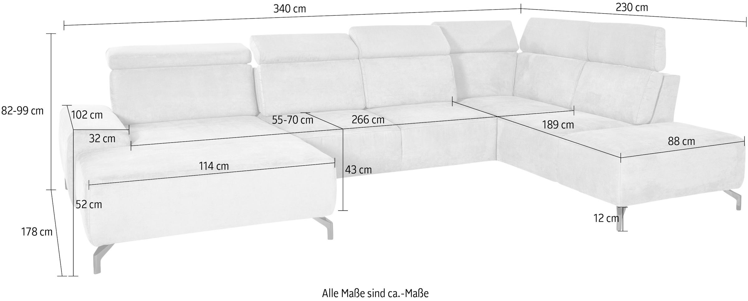 sit&more Wohnlandschaft »Gizeh U-Form«, 12 cm Fusshöhe, inklusive Sitztiefenverstellung und Kopfteilverstellung