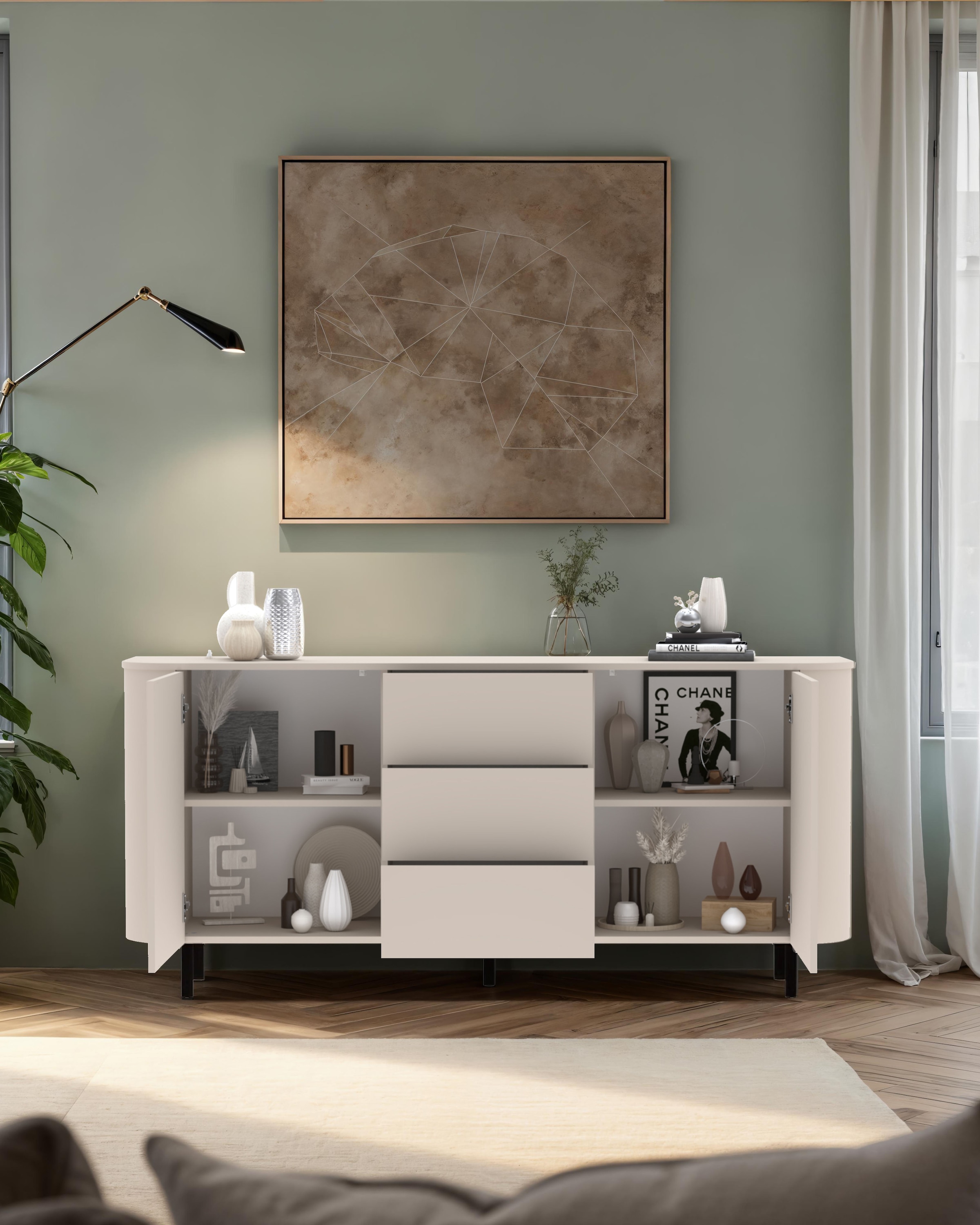 INOSIGN Sideboard »Lido, 181 cm breit, 2 Türen, 3 Schubkästen, Kommode, Stauraumschrank« Formgebogenes MDF, Stirnseiten mit Rundung, Push-to-open, Metallfüsse
