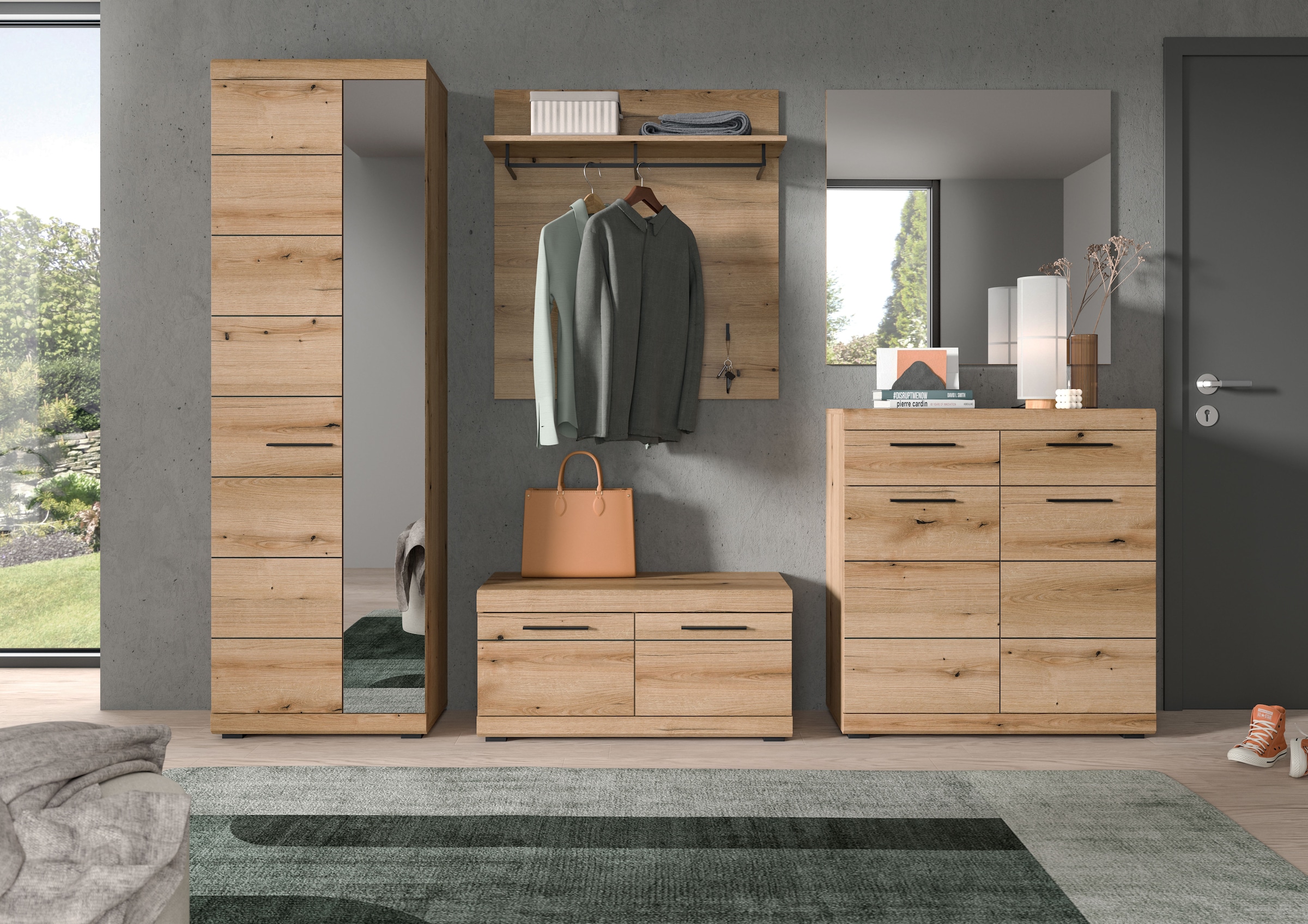 INOSIGN Garderoben-Set »SIENA, Breite 272 cm, 5-teiliges Set, individuell stellbar« Komplett-Set, best.aus: Garderobenschrank, Sitzbank, Paneel, Schuhschrank & Spiegel, 5 Stk. tlg.