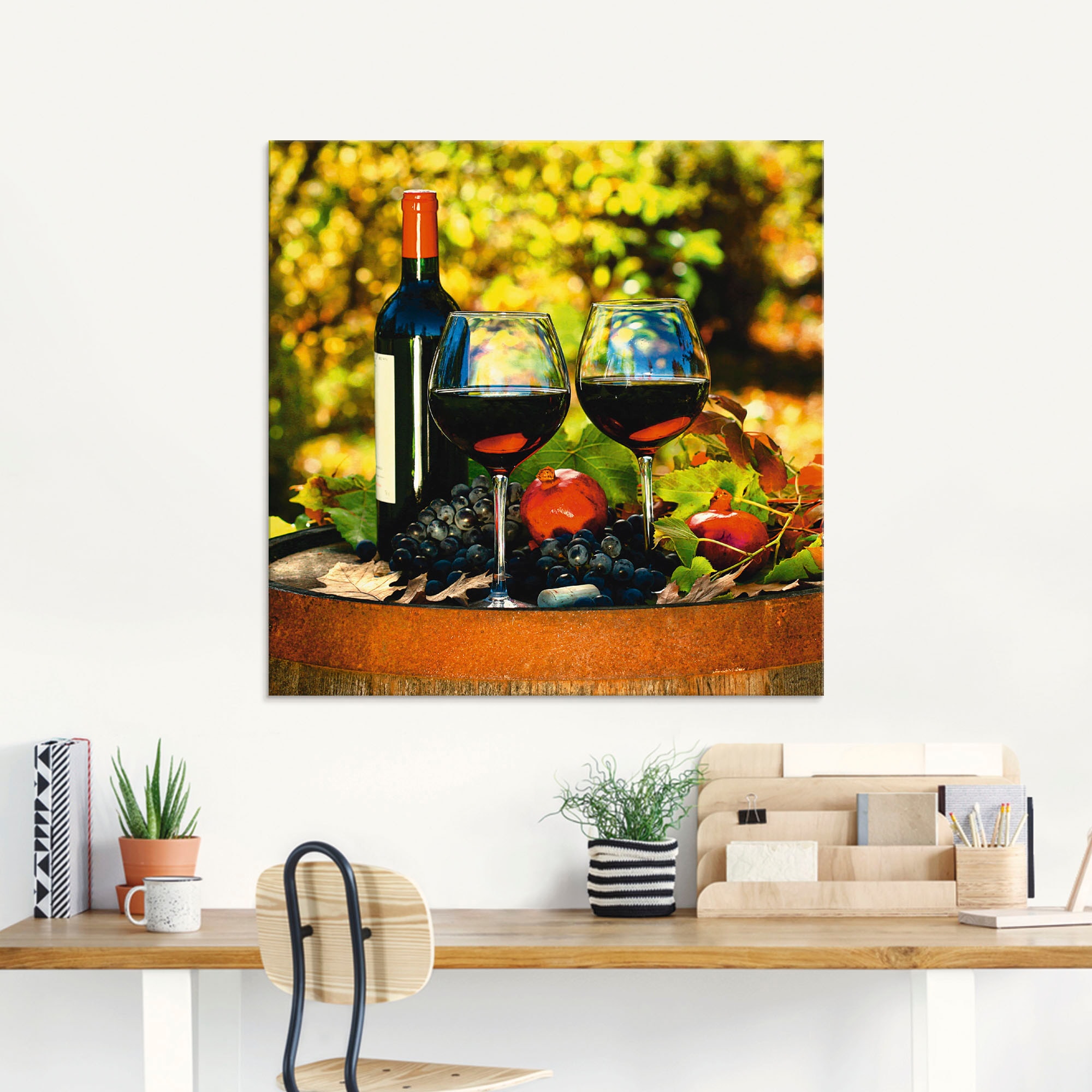 Artland Glasbild »Gläser Rotwein auf altem Fass«, Getränke, (1 St.), in verschiedenen Grössen