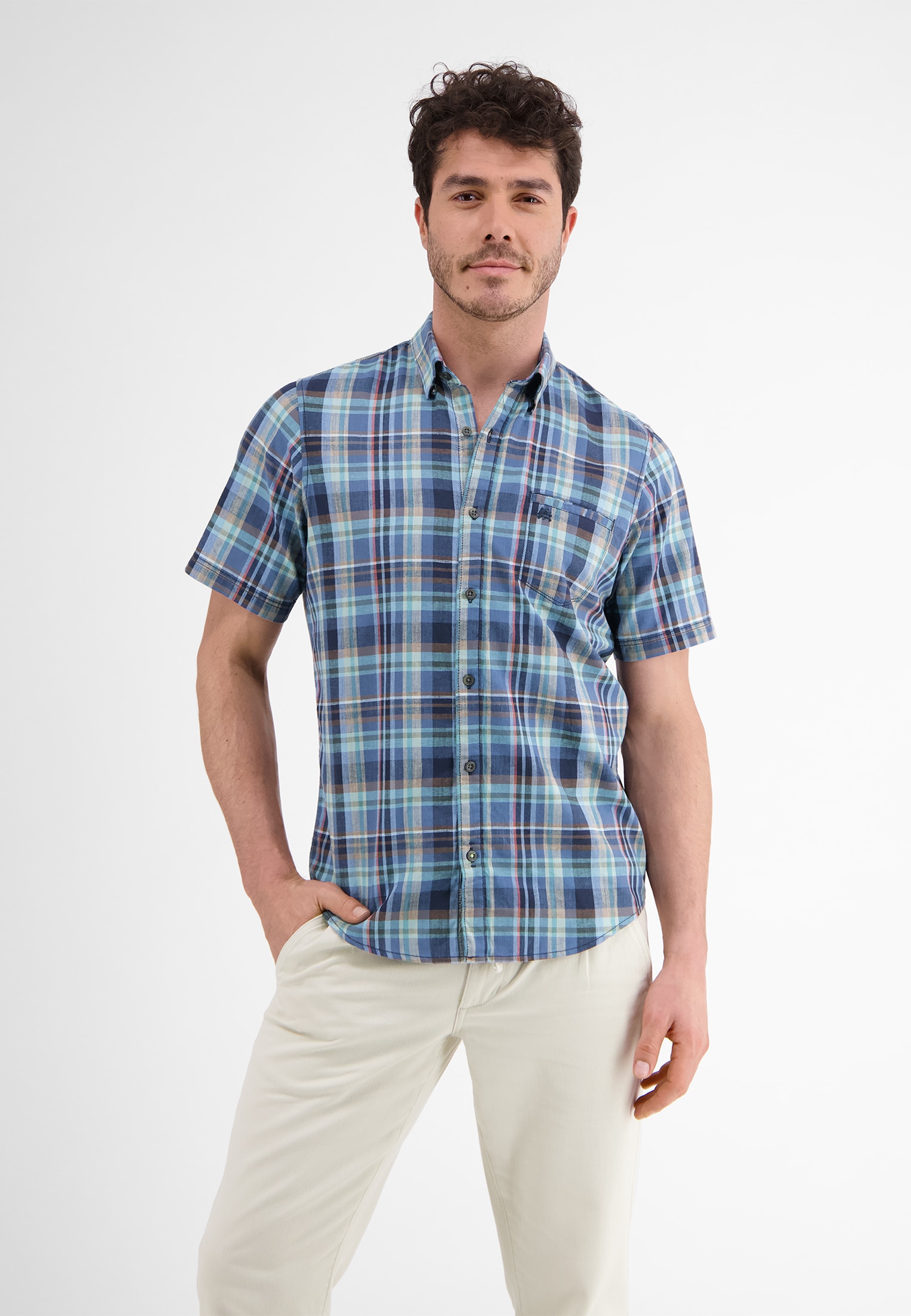 LERROS Kurzarmhemd »LERROS Kariertes Halbarmhemd, Baumwoll-Leinen-Mix«