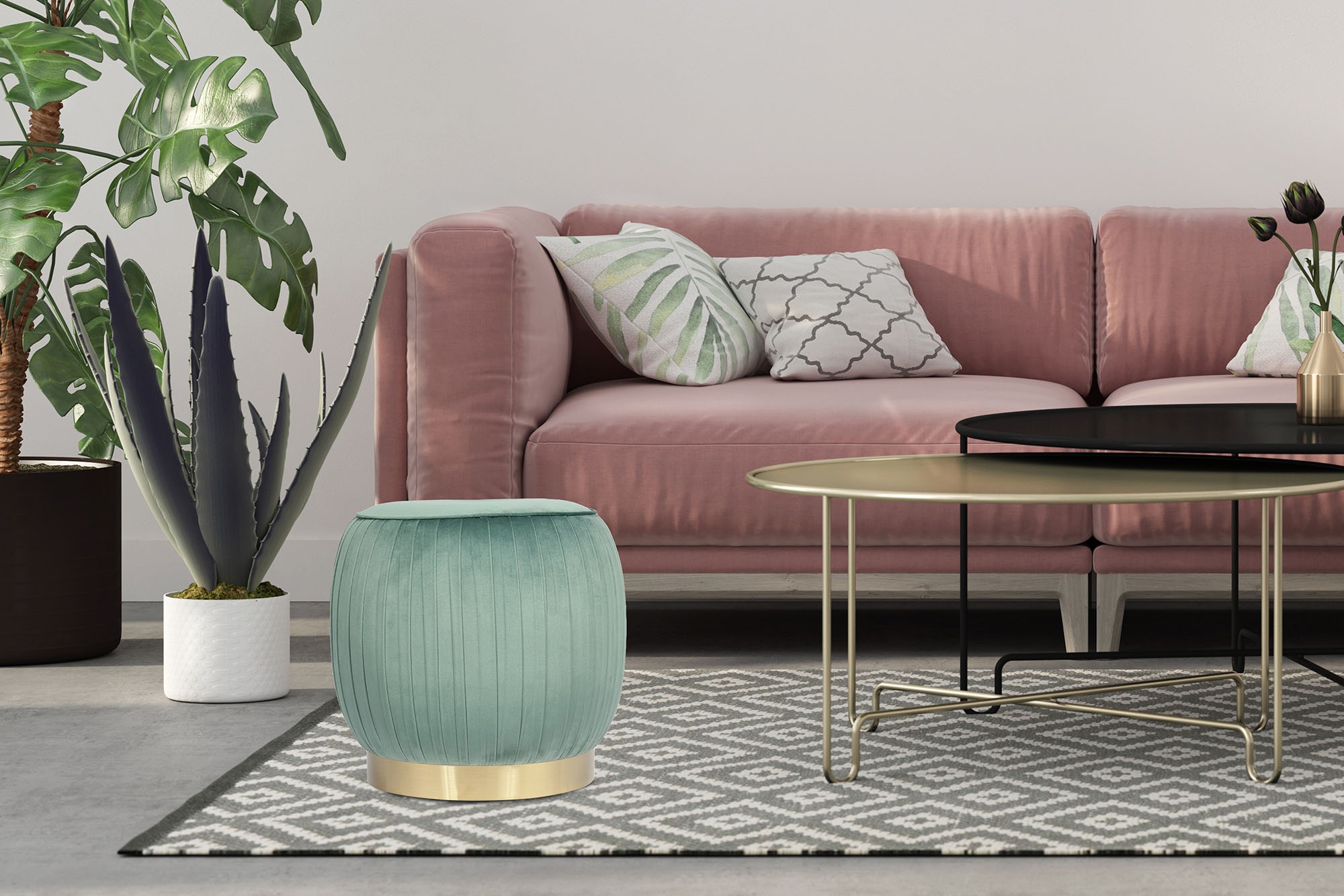 Kayoom Polsterhocker »Hocker Lyla 125, Edler Touch durch goldfarbenenen Sockel, Samtbezug«, (1 St.), samtweich, gesteppte Ziernaht, Edelstahlsockel, Hochwertiger Samtbezug