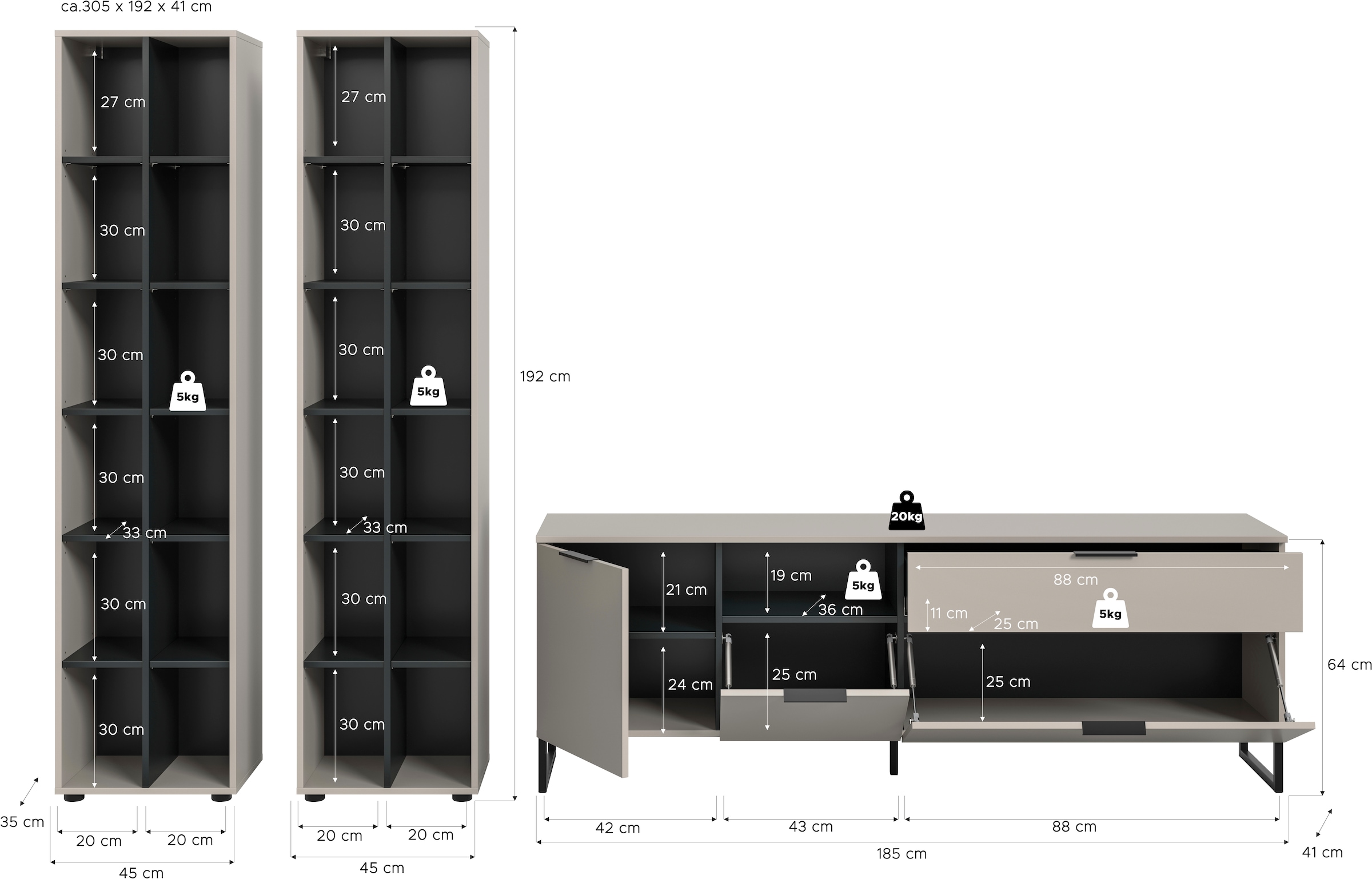 Home affaire Wohnwand »ADIO, Breite 305 cm, 3-teiliges Set, mit Metall-Kufenfüsse« Set, bestehend aus: 2x Standregal und Lowboard, 3 Stk. tlg.