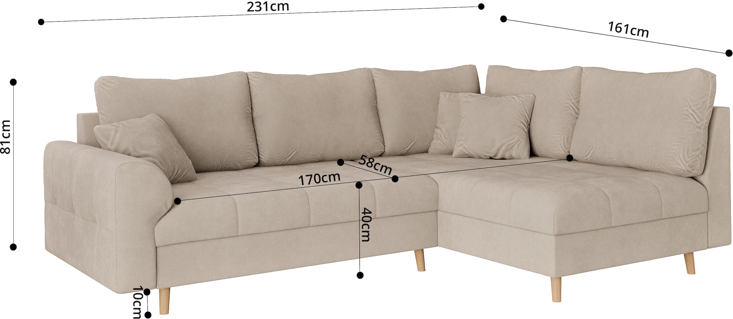 Home affaire Ecksofa »CHARRE L-Form mit Ottomane, Masse B/T/H: 231/161/81 cm« feine Steppung, lose Rücken- und Zierkissen, auch in Cord und Bouclé