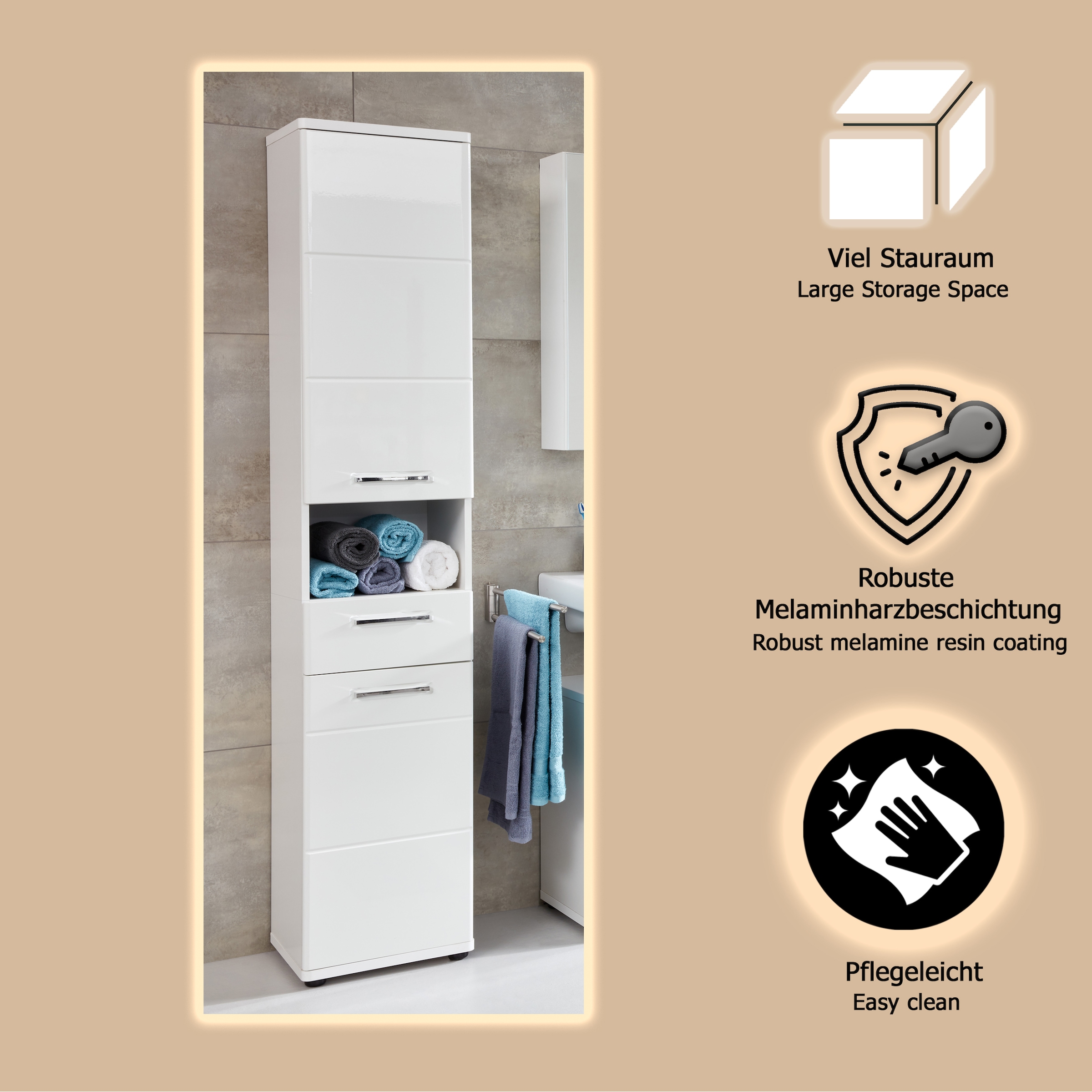 welltime Hochschrank »Mora«, Hochschrank mit 2 Türen, 1 Schublade - (B/T/H) 37/34/189 cm