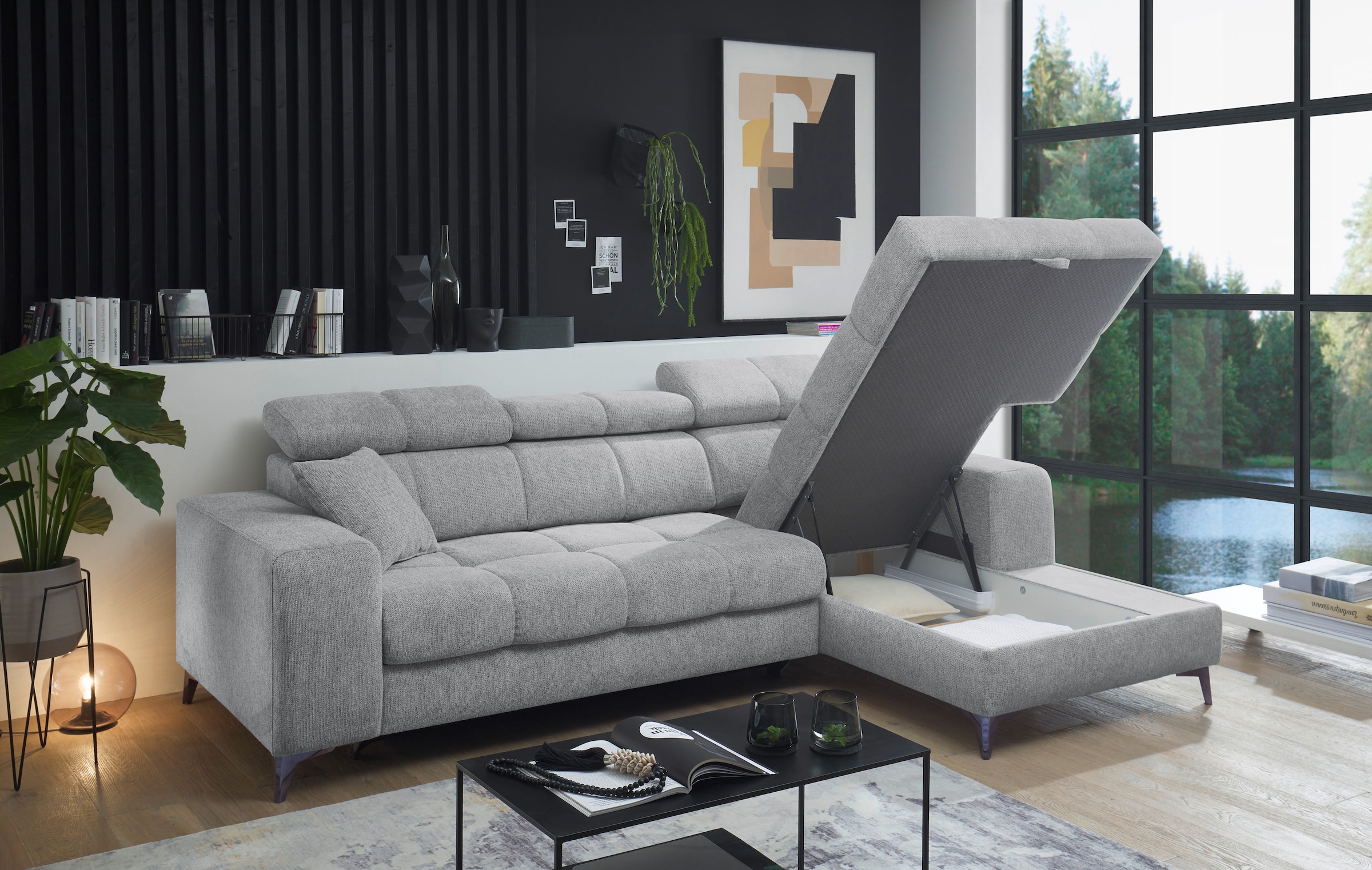 ED EXCITING DESIGN Ecksofa »Sydney L-Form mit Bettfunktion, Bettkasten, Kopfteilverstellung« motorischer Sitztiefenverstellung, USB-Port & 2 Zierkissen