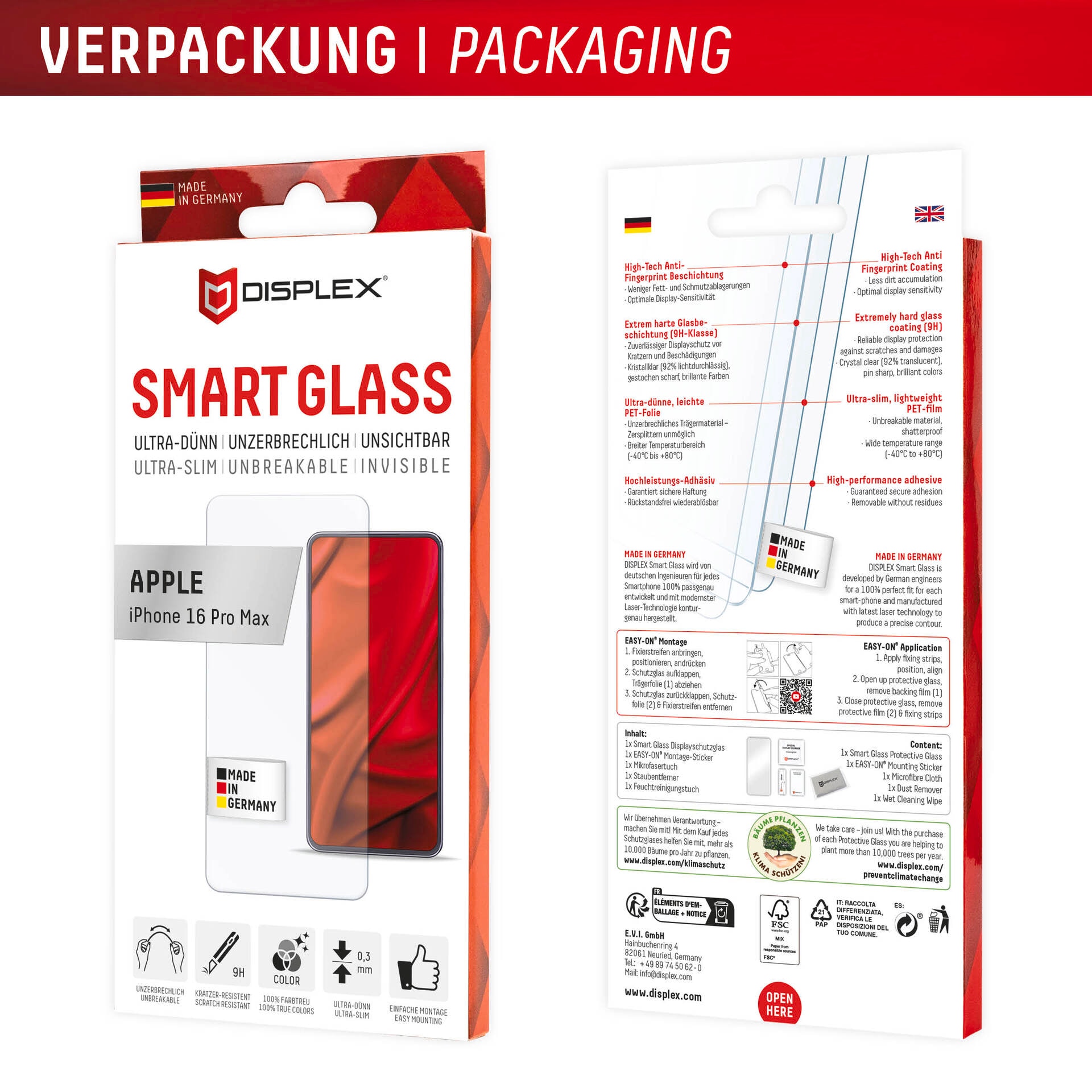 Displex Displayschutzglas »Smart Glass Screen Protection«, für Apple iPhone 16 Pro Max, Displayschutzfolie, Schutzfolie, Bildschirmschutz, kratz- & stossfest