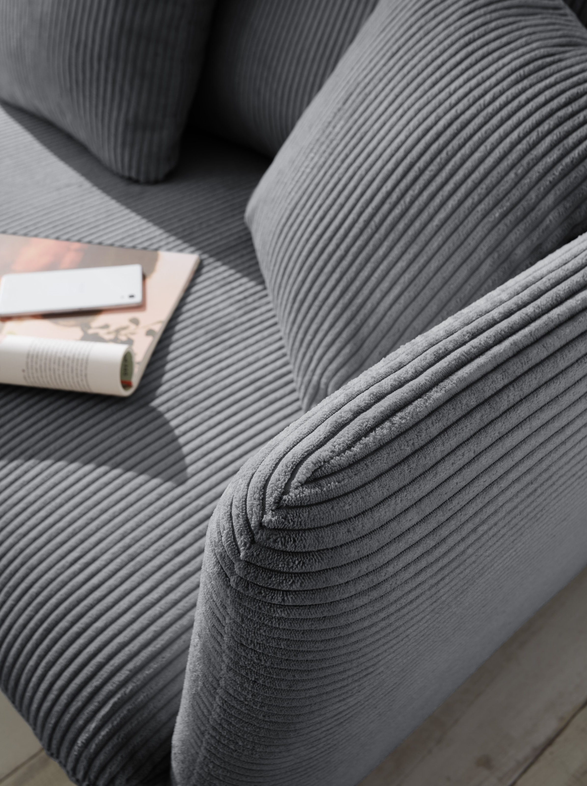 andas Ecksofa »MERLE, 258 cm, L-Form, traumhafter Cord,« mit Bettfunktion und Bettkasten, Liegefläche 224 x 139