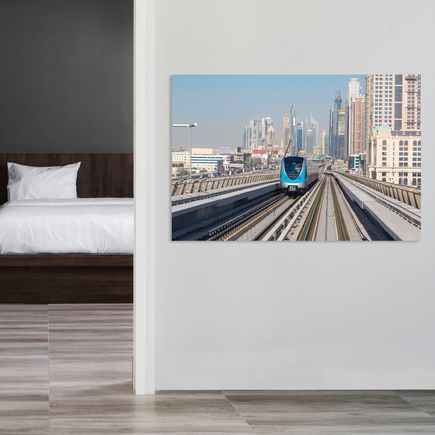 queence Acrylglasbild »Bahngleis«, Kunst-Züge-Zugbilder-Städte-Gebäude, Fine Art-Print in Galeriequalität
