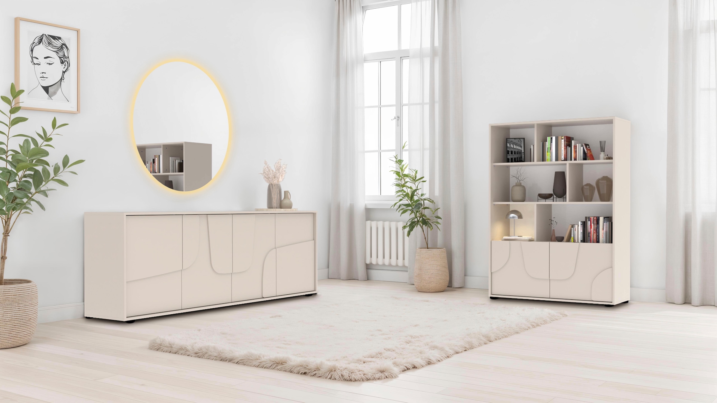 INOSIGN Buffet haut »Stone, H 155/141, B 105 cm, 2 Türen, 6 offene Fächer, Regal-Schrank« 3D-Design, Push-to-open, Stauraum dekorativ & praktisch, Füsse wählbar