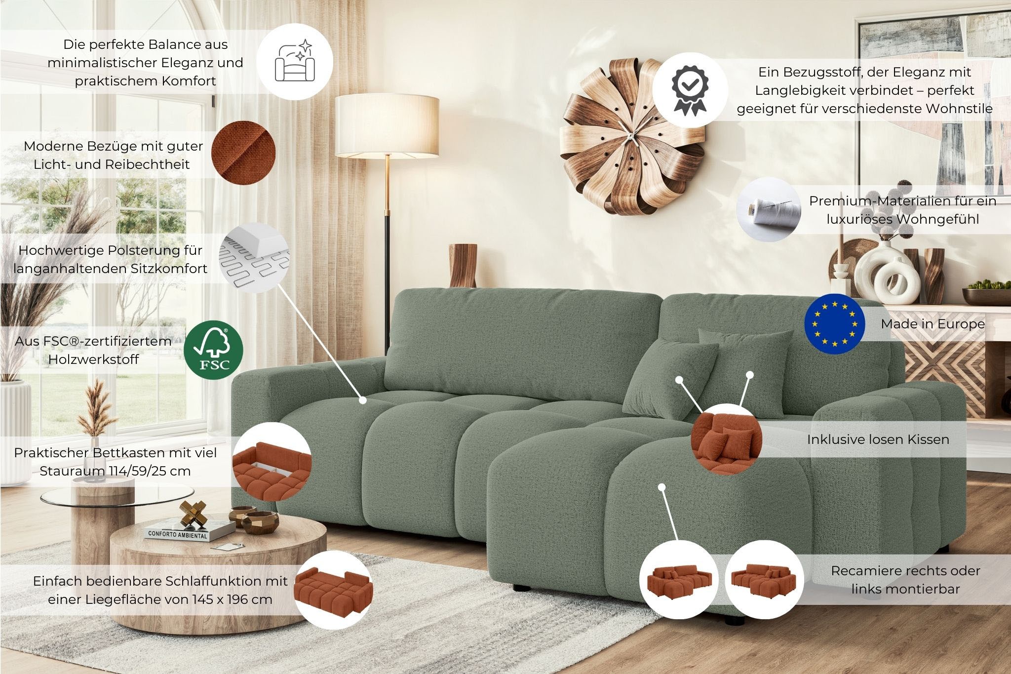 INOSIGN Ecksofa »FELICI, Schlafsofa 233cm, L-Form mit Recamiere beidseitig montierbar«, Designsofa mit Bettfunktion und Bettkasten, Masse B/T/H: 233/142/88 cm