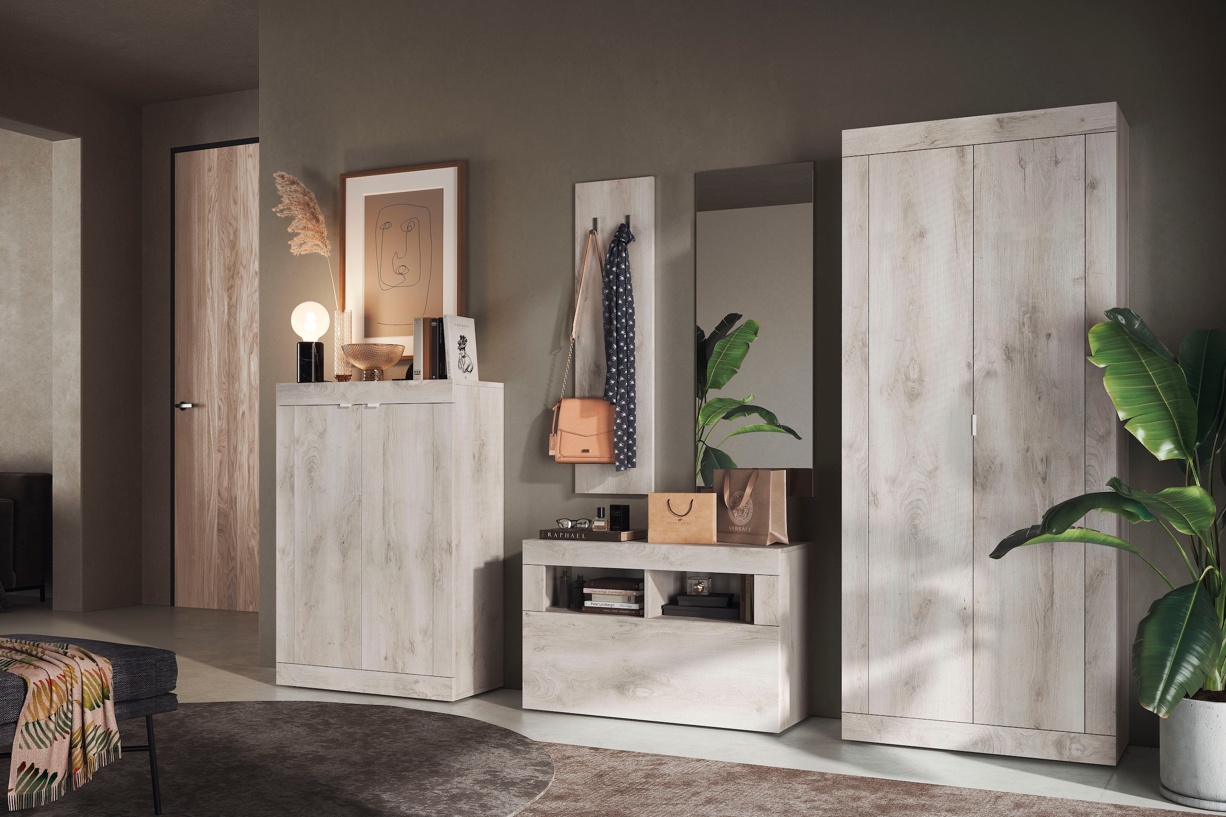 INOSIGN Garderoben-Set »Basic 3tlg. Breite 91 cm, Höhe 187 cm, Wandgarderobe«, (3 St.), (Schuhbank, Garderobenpaneel, Spiegel), Pinie Weiss NB
