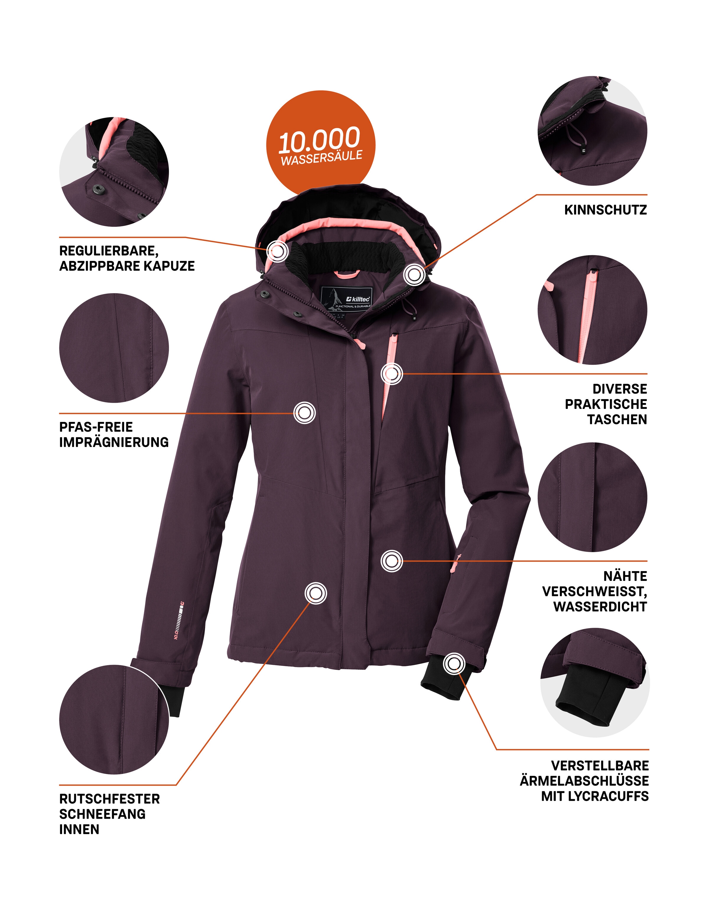 Killtec Veste de ski »KSW 25 WMN SKI JCKT« Veste de ski respirante, imperméable avec capuche amovible