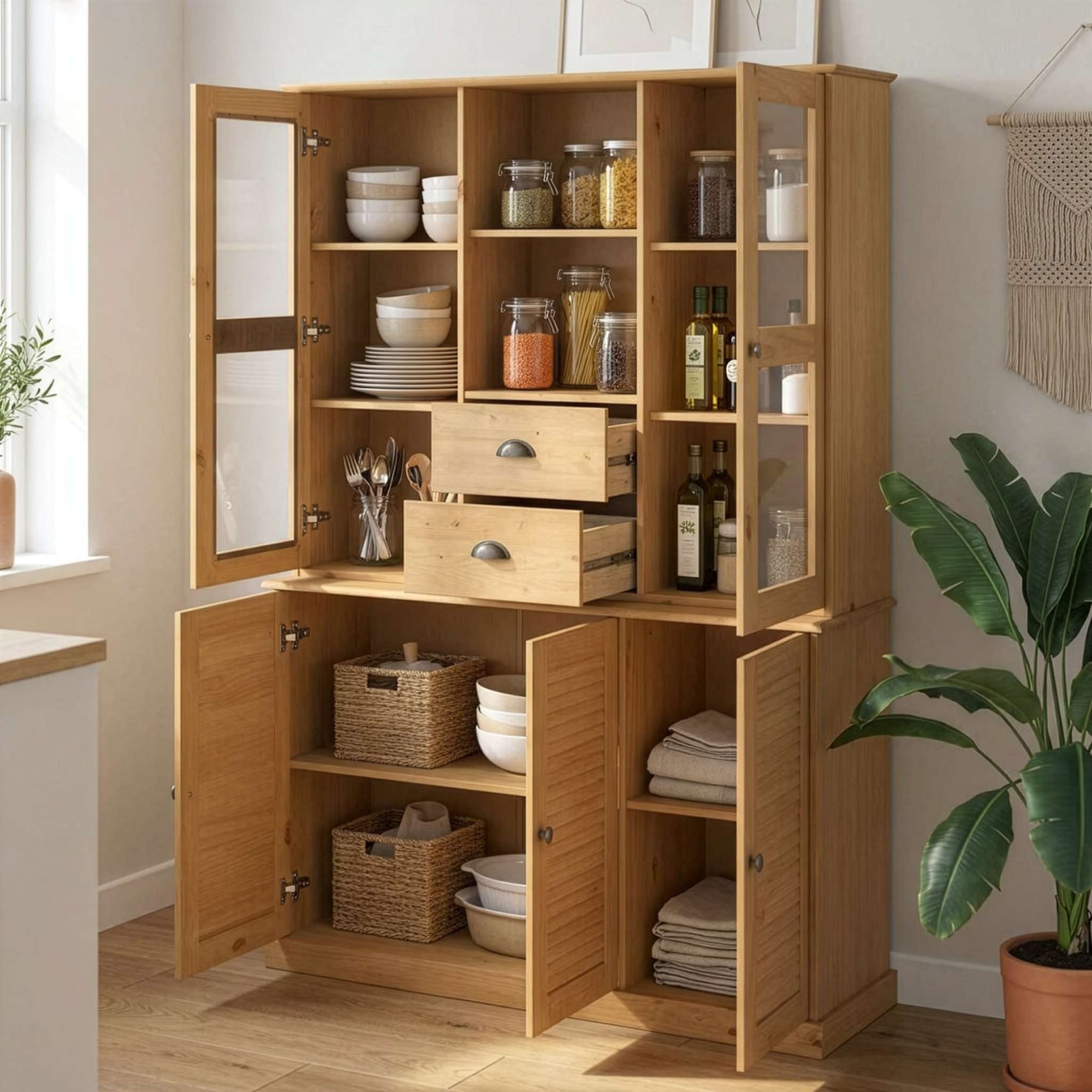 GOODproduct Buffet »Turia« avec portes vitrées et à lamelles, en pin massif FSC®, hauteur 180 cm