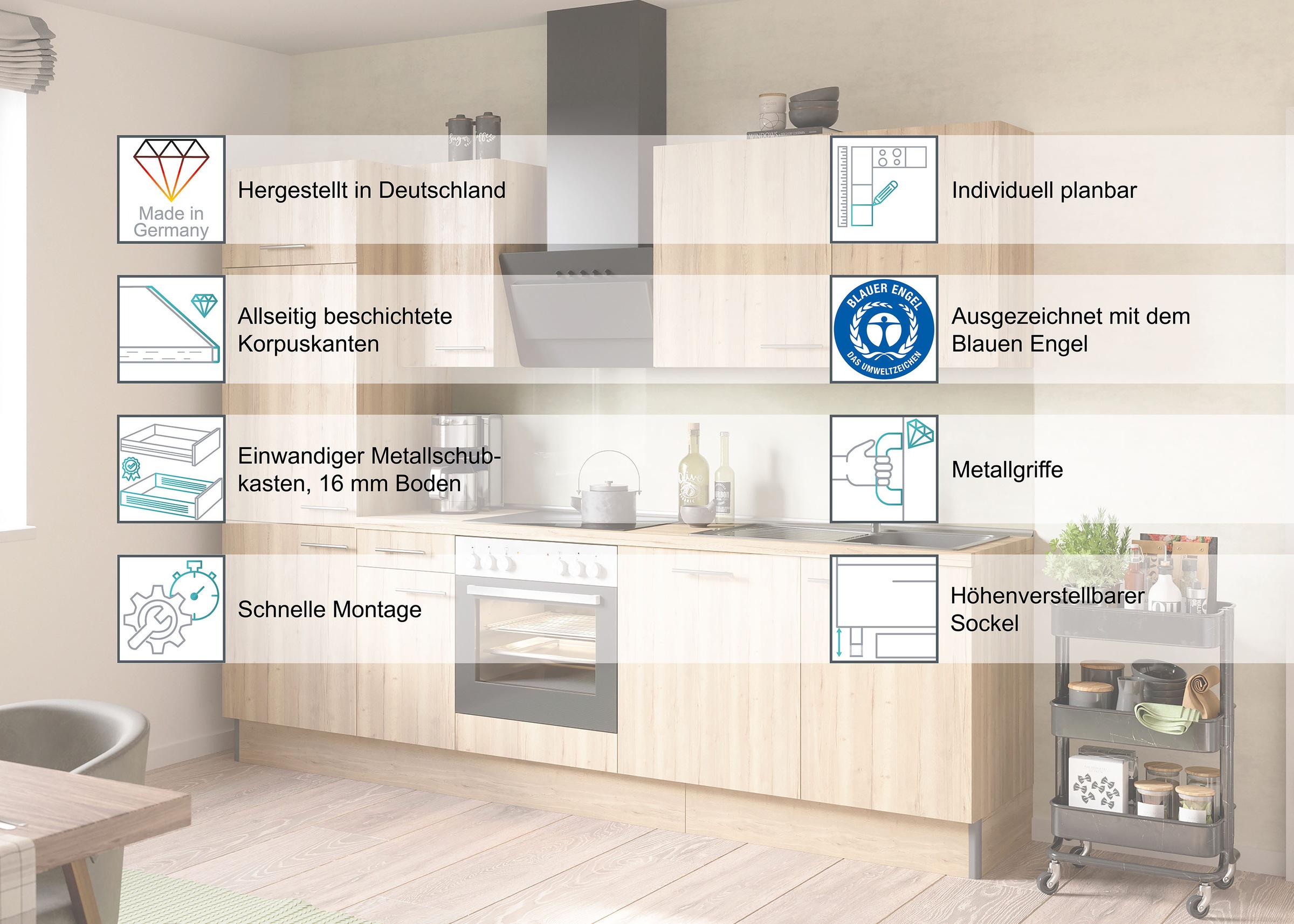 KOCHSTATION Kitchenette »KS-Sion« largeur 300 cm, montage rapide avec OPTIsnap, option appareils E