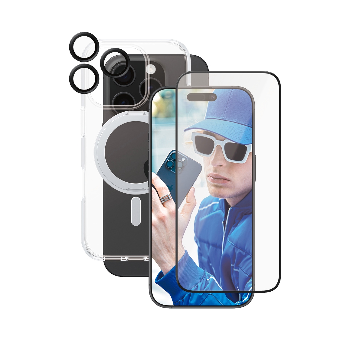 CARE by PanzerGlass Displayschutzglas »3-in-1 Protection, Ceramic Glass, Kickstand Case, Lens Cover«, für Apple iPhone 16 Pro, Displayschutzfolie, Schutzfolie, Bildschirmschutz, kratz- & stossfest