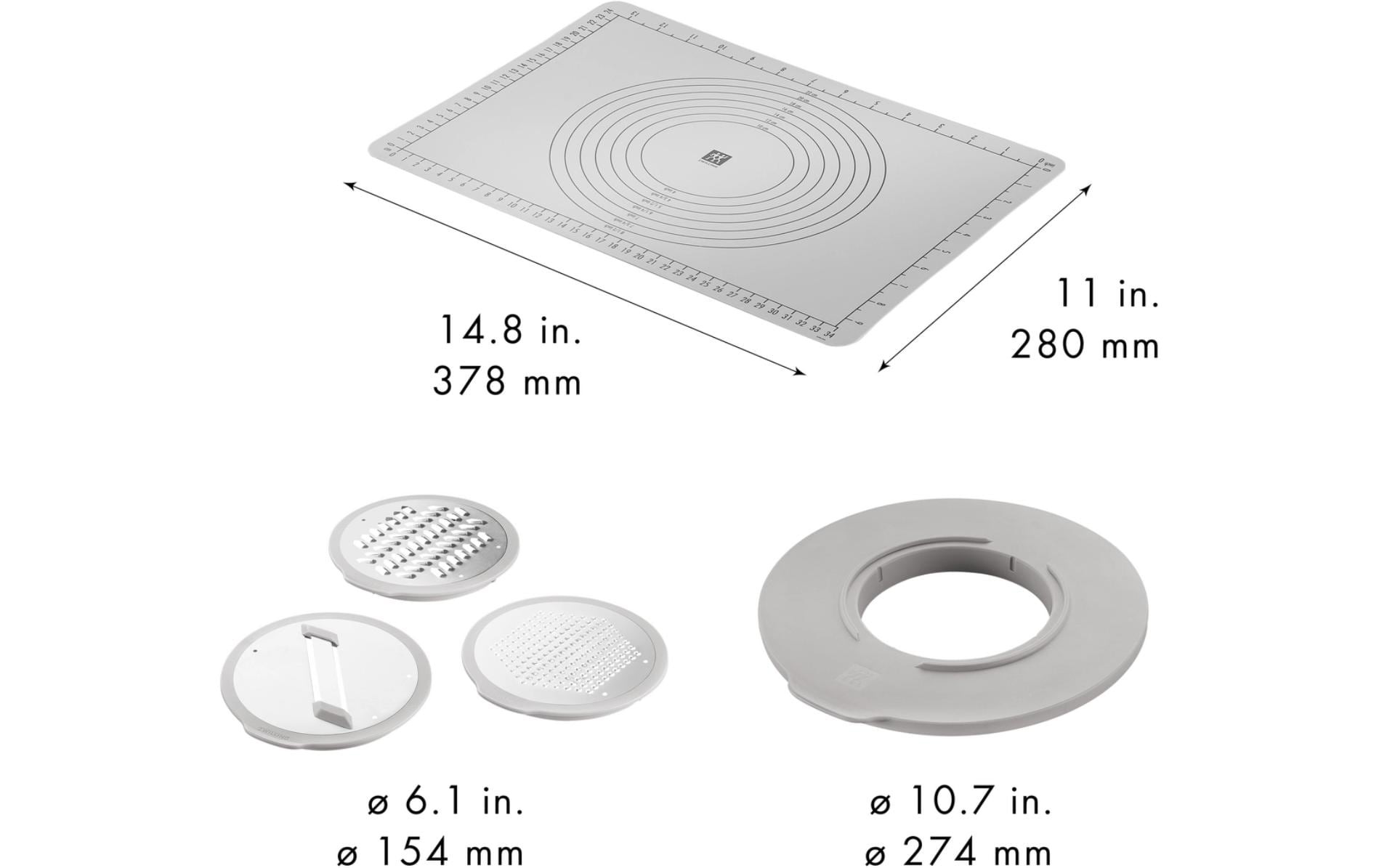 Zwilling Reibeaufsatz »Fresh & Save BOWLS - Zubehör-Set, Accessoire-Set, 5-teilig« Spritzschutz, 3 Reibeaufsätze, backofenfeste Anti-Rutsch-Silikonmatte