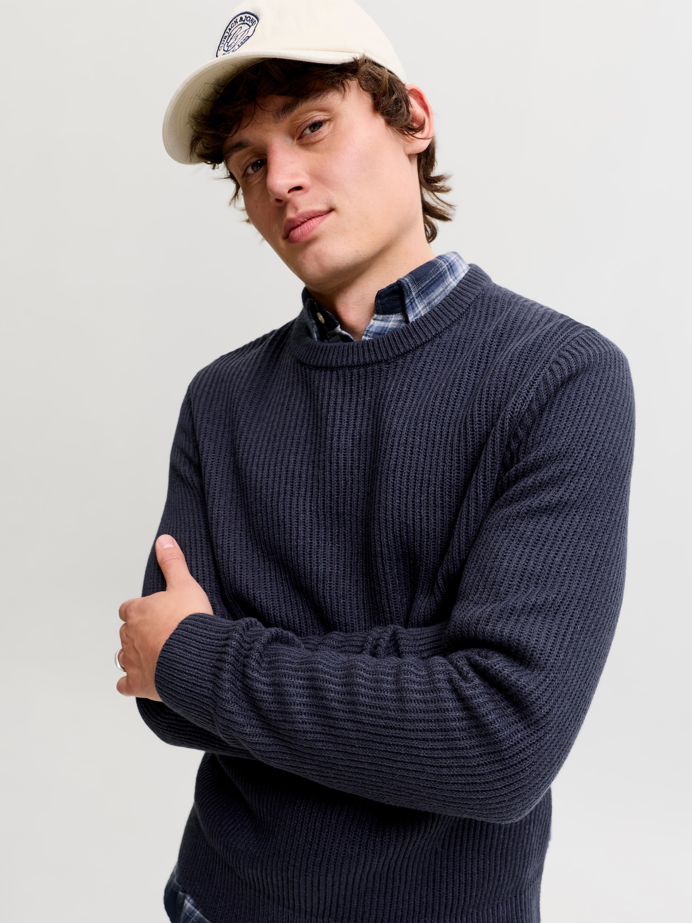 Jack & Jones Rundhalspullover »JJPANNEL KNIT CREW NECK AW26« Materialmix, regular fit