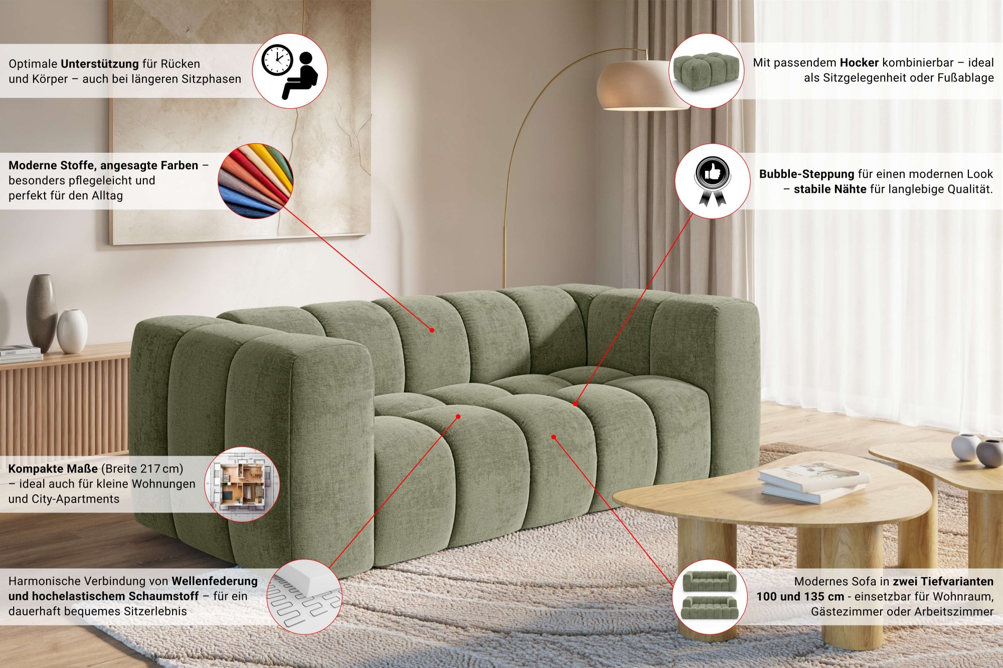 homsy by Ana Johnson 3-places »»L« BOUBELLE Design-Sofa, Bubble-Optik, Breite 217 cm« hoher Sitzkomfort dank Wellenunterfederung, L Sitztiefe 63 cm