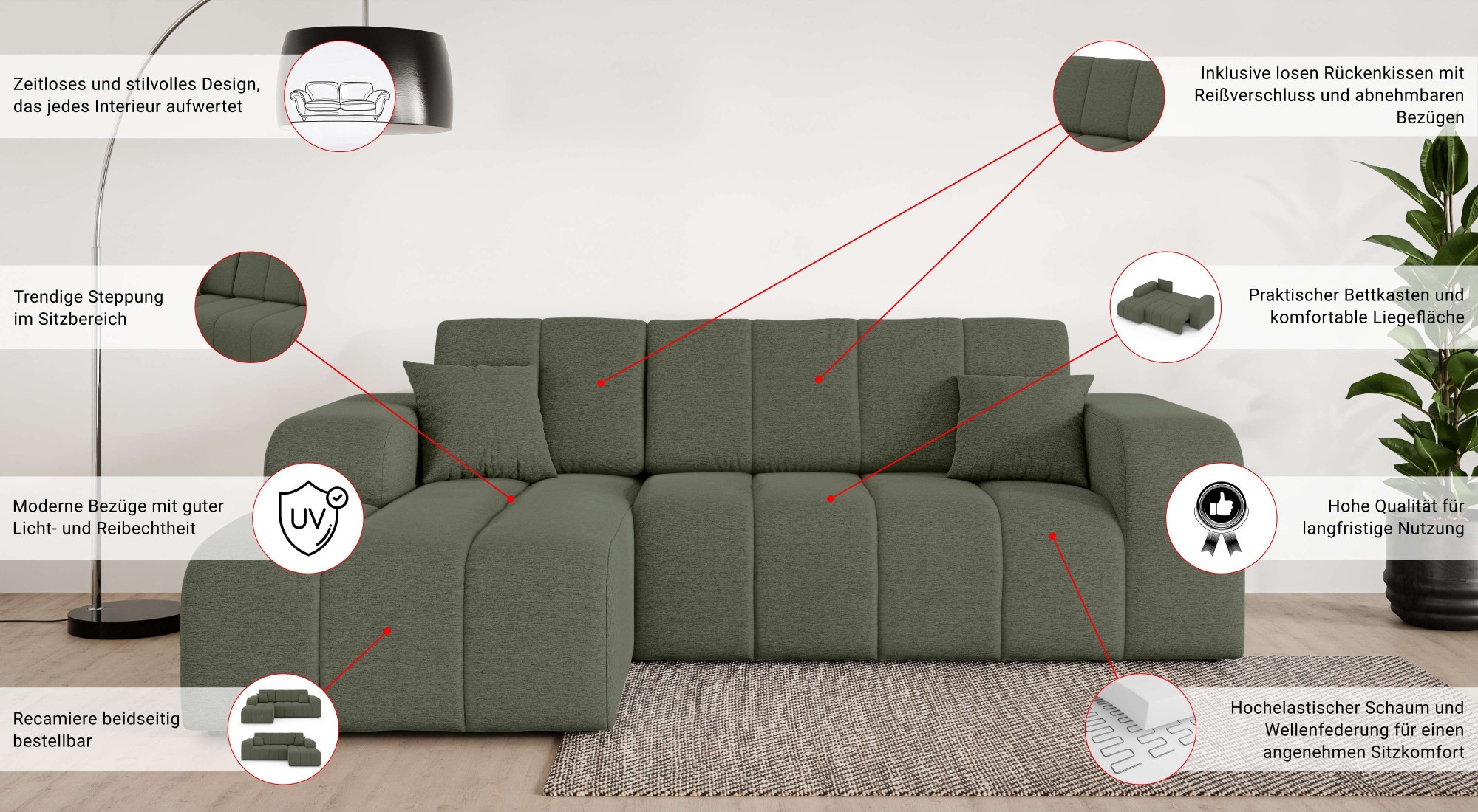 INOSIGN Ecksofa »CASSY L-Form, Schlafsofa mit Bettkasten, Masse B/T/H: 245/165/88 cm«, mit 2 Rückenkissen, Recamiere rechts oder links bestellbar