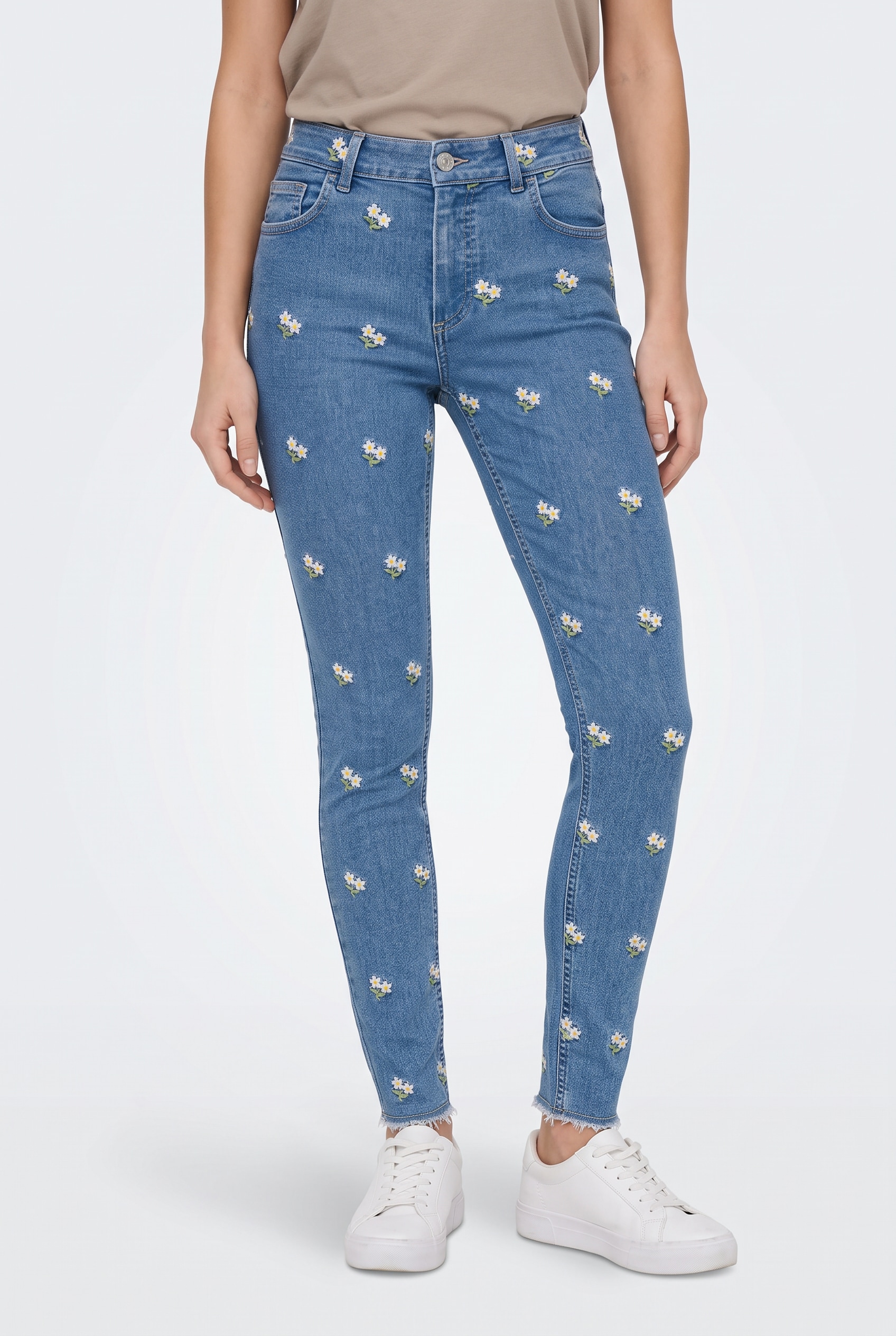 Image of ONLY Skinny-fit-Jeans "ONLHUSH MW EMB RW ANK SKINNY DNM" Baumwollmischung, slim fit, Allover Stickerei, offener Saum