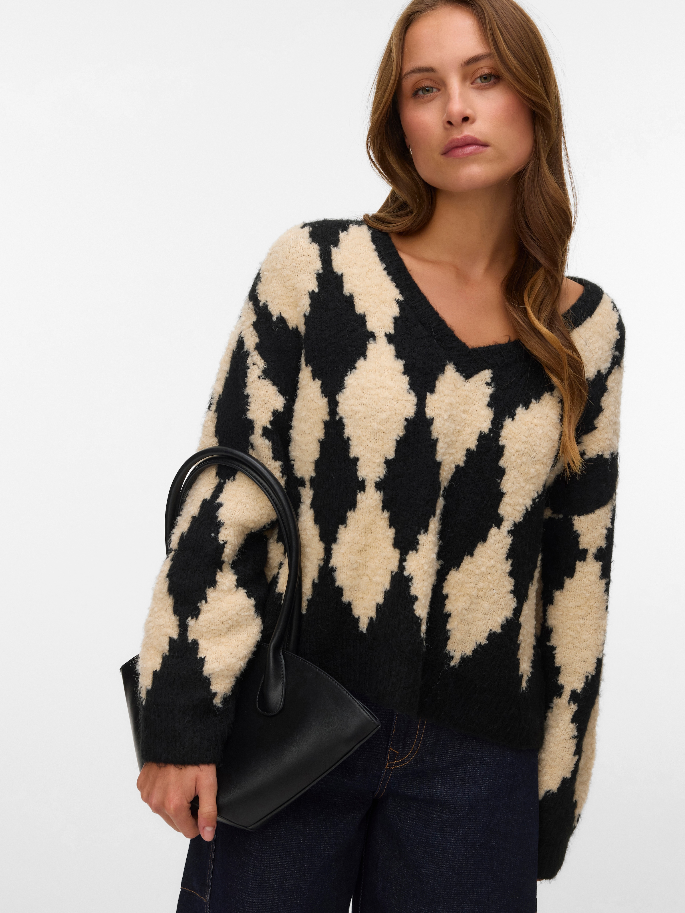 Image of Vero Moda Strickpullover "VMCOLLEEN LS V-NECK PULLOVER BOO" Materialmix, mit Wolle und Stretch, Rautenmuster