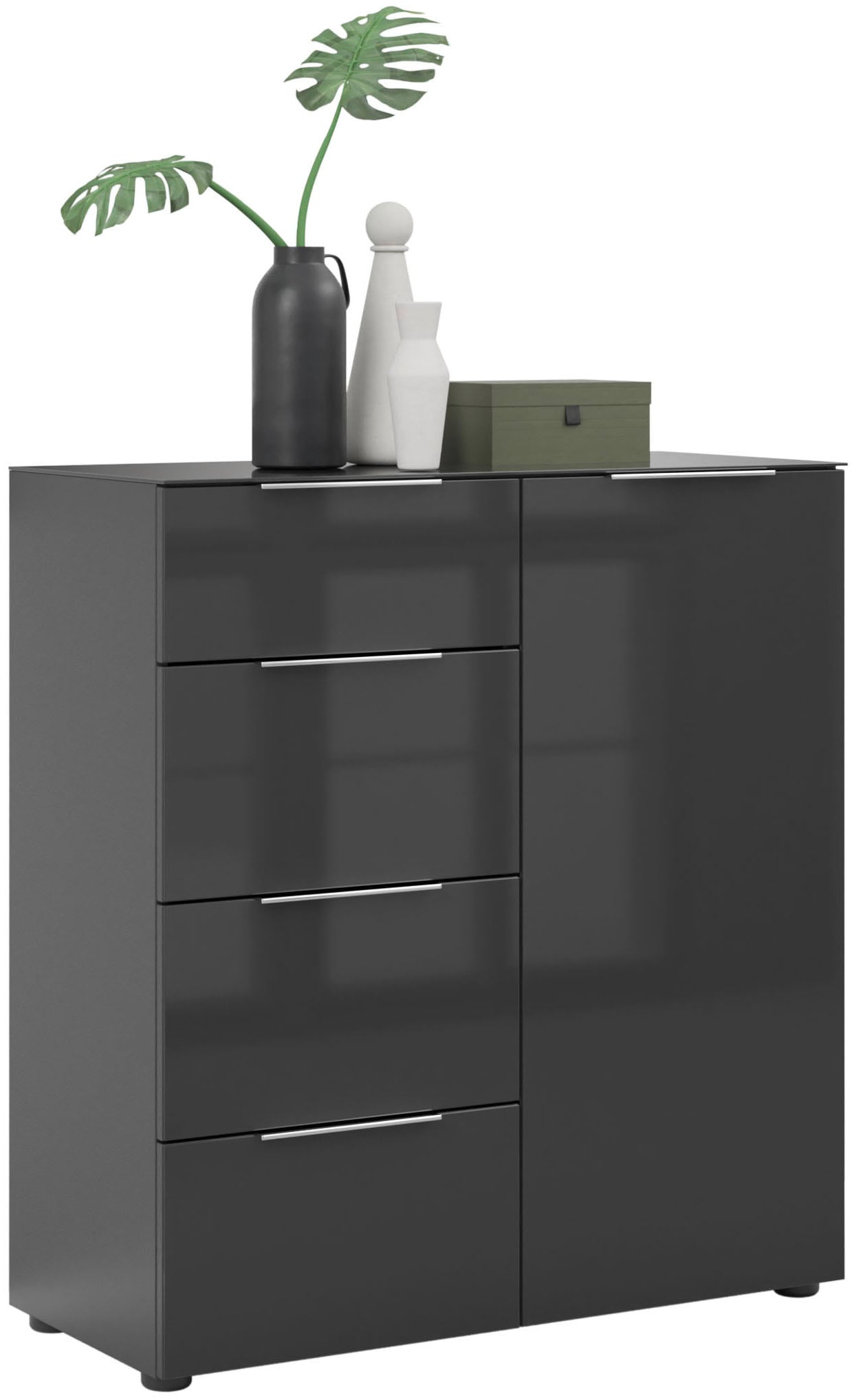 Manjana Möbel Commode »mit Chrom oder Schwarz matten Metallgriffen & Glasfront, Soft-Close« melaminbeschichteter Korpus, mit Vollauszug, Made in Germany