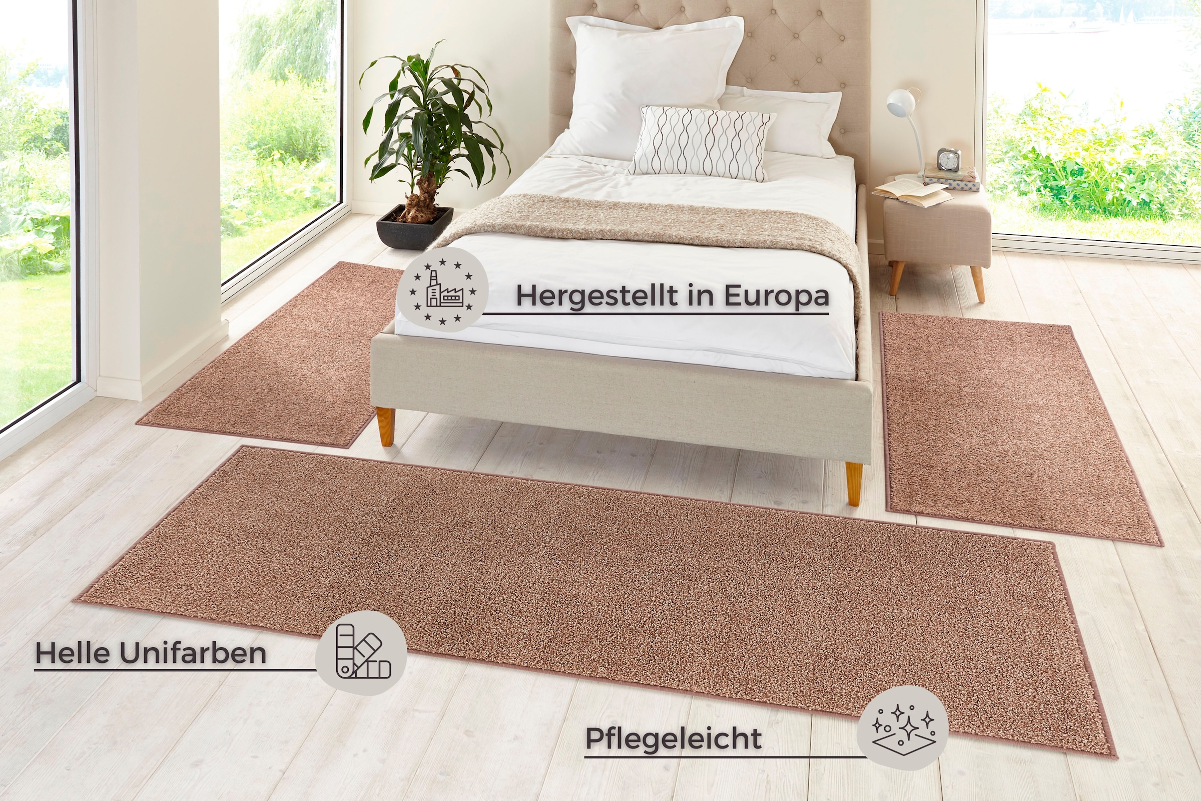 HANSE Home Bettumrandung »Pure 100«, (3 tlg.), Kurzflor, Unifarben, Teppich, Bettläufer, Bettvorleger, Teppichläufer