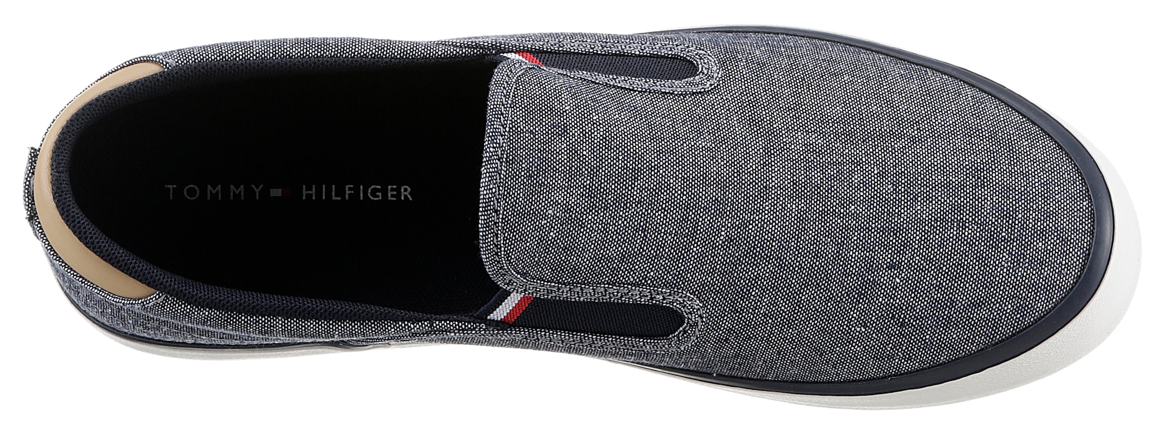 Tommy Hilfiger Slipper »TH HI VULC LOW SLIPON CHAMBRAY«, Slip-On Sneaker, Freizeitschuh mit praktischen Stretcheinsätzen