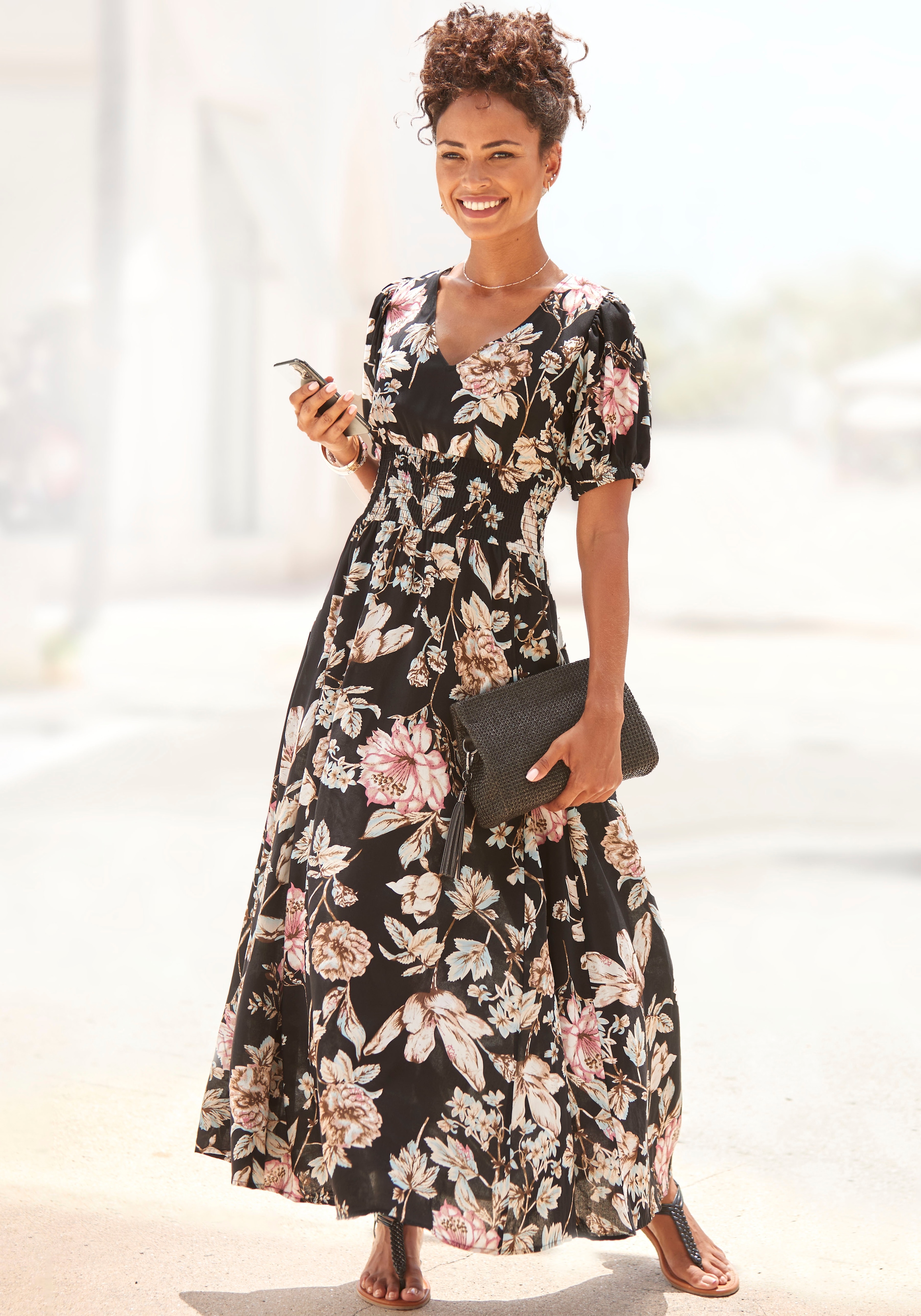 Image of LASCANA Maxikleid "mit Blumendruck und V-Ausschnitt aus Webware" Sommerkleid mit Puffärmeln, Elegantes Webkleid, Strandkleid