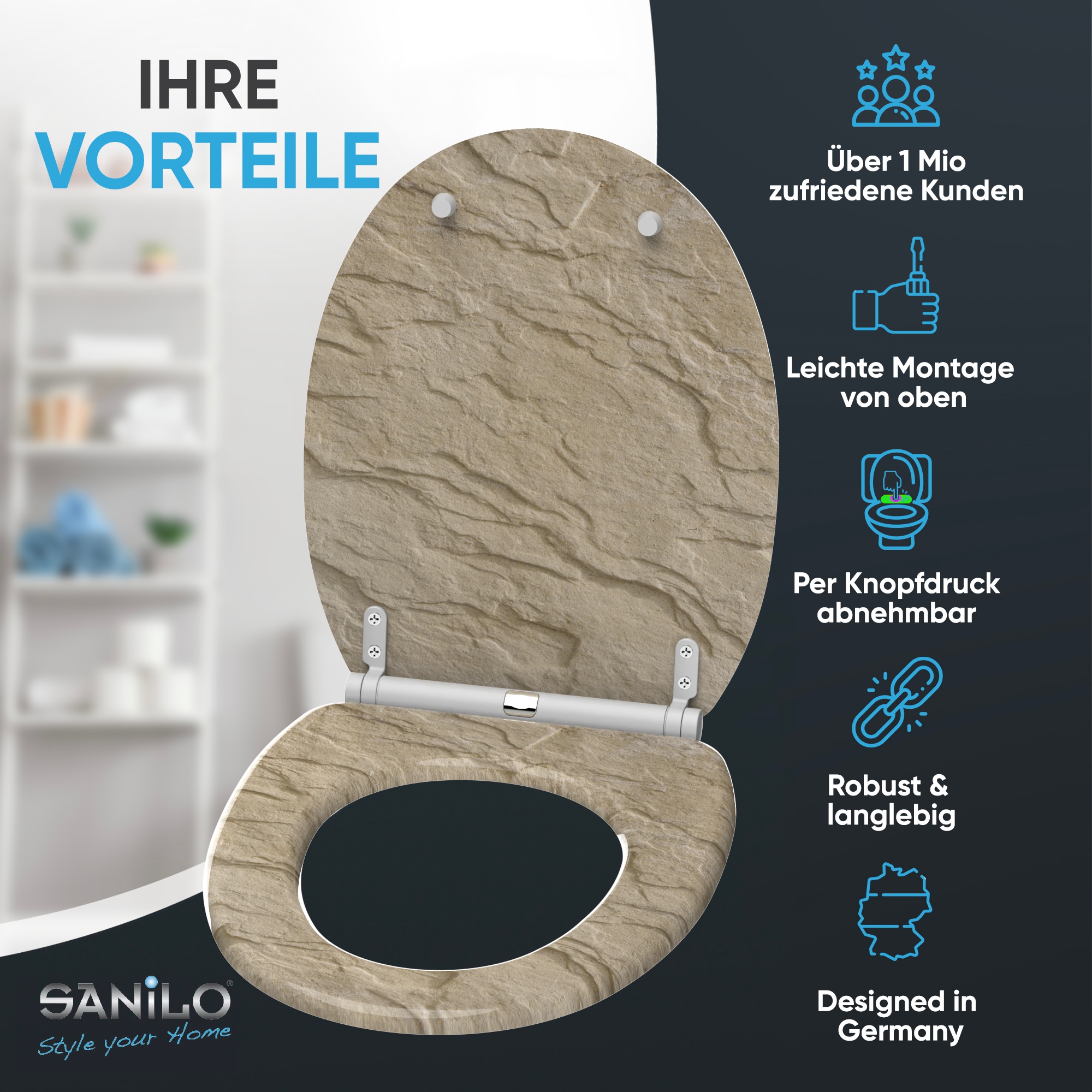 Sanilo WC-Sitz »Sand Stone mit Absenkautomatik & Quick Release« Premium Toilettendeckel, abnehmbar, leichte Montage von oben