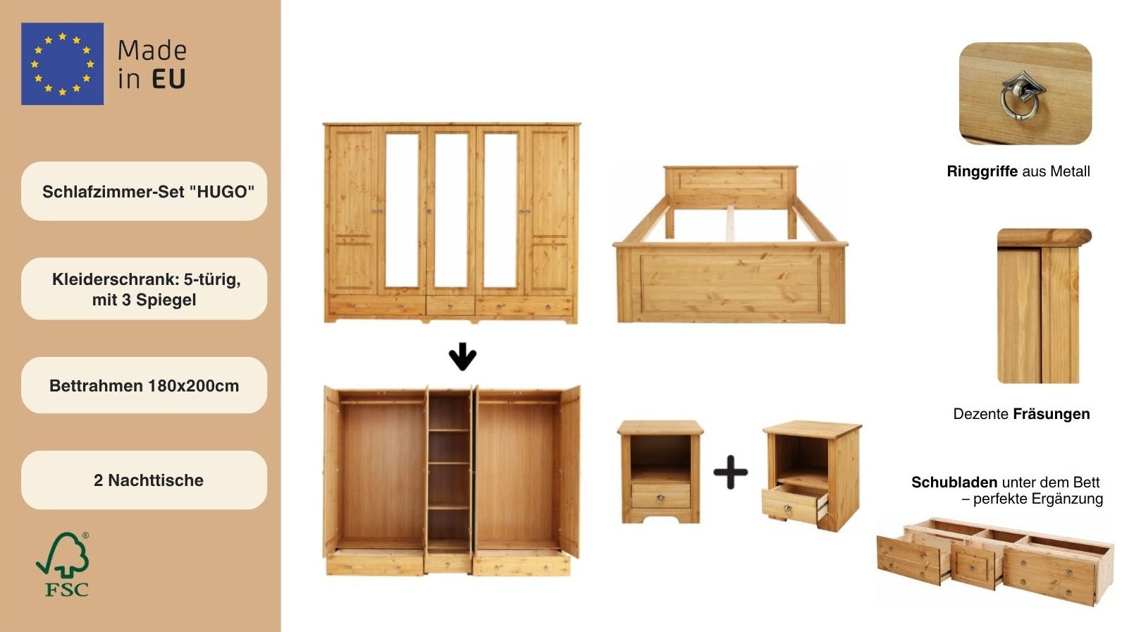 GOODproduct Schlafzimmer-Set »Hugo« Set, 4 Stk. tlg. Bett 180x200 cm, 5-trg Kleiderschrank und 2 Nachttische