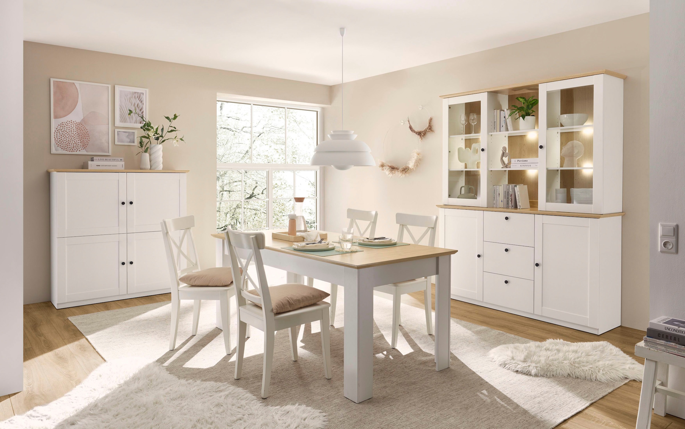 GOODproduct Buffet »Brest, Hochschrank im Landhausstil, Schrank, Küchenschrank« schwarze Metallgriffe, viel Stauraum, Glastüren, 164 cm breit