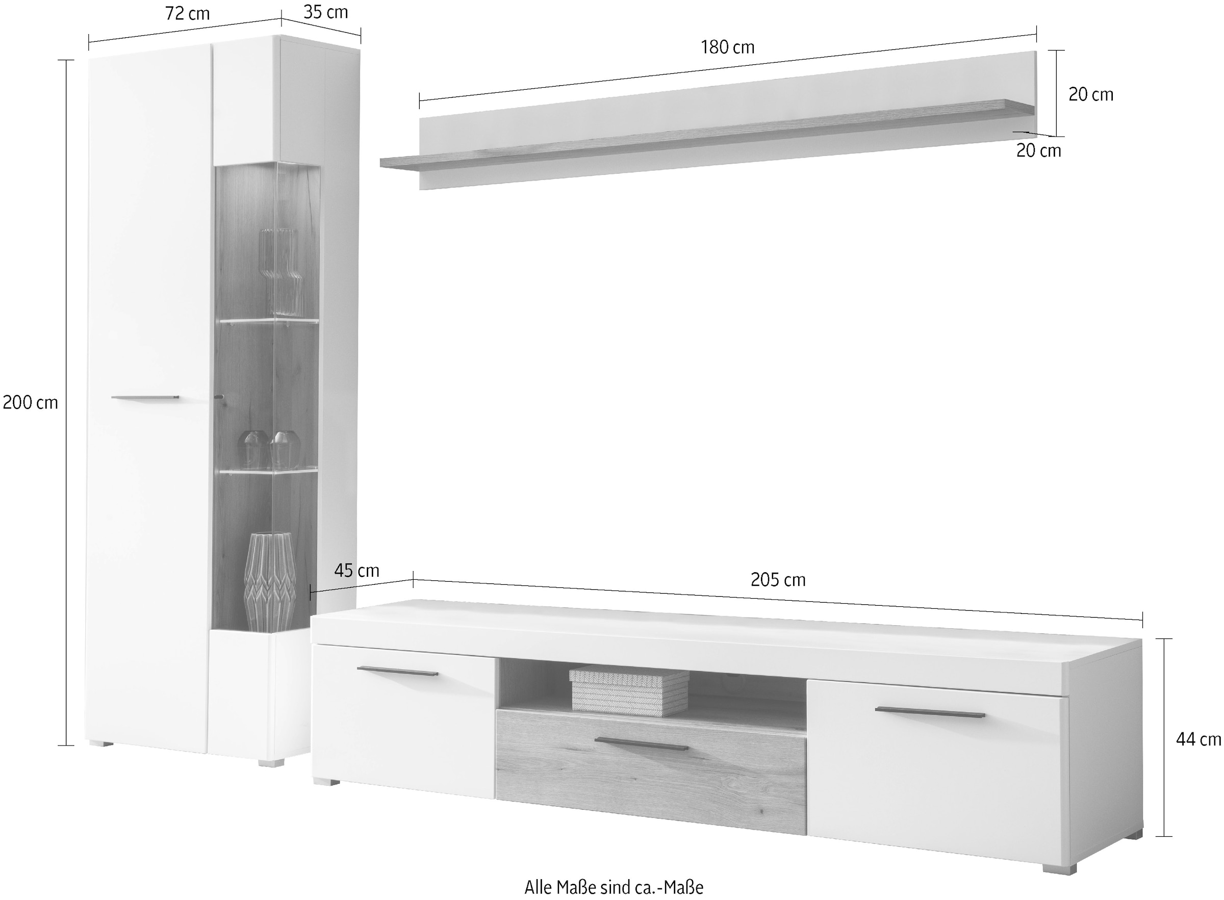 INOSIGN Wohnwand »Salerno, moderne Anbauwand, Wohnzimmer-Set, Weiss mit Eiche Evoke Dekor«, (Set, 3 St.), enthält Vitrine, Lowboard + Wandboard, Metallgriffe, 287 cm breit
